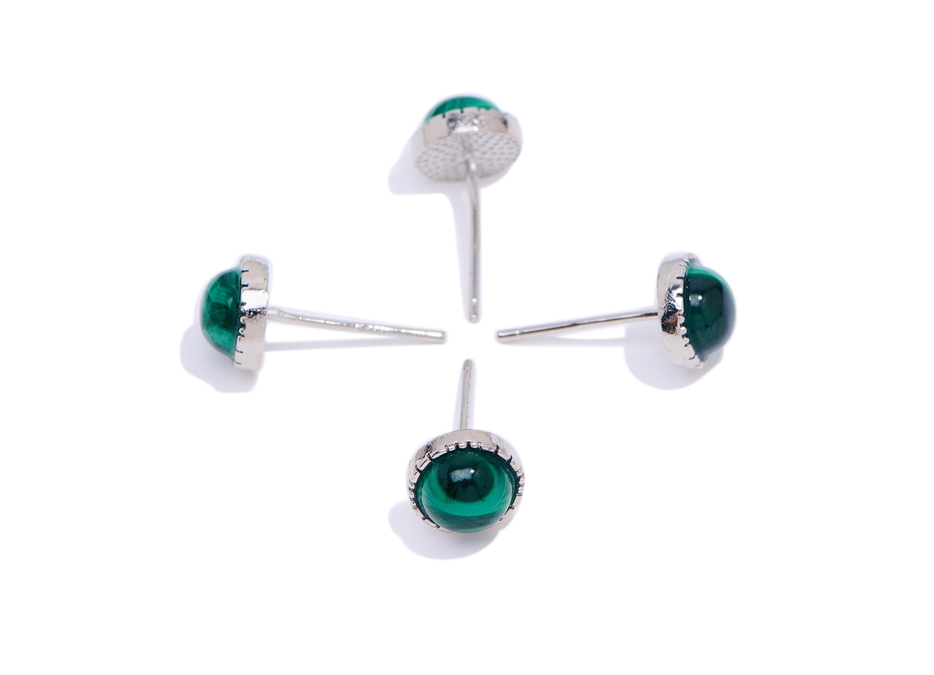 Malachite Stone Earring Stud - Brass Vintage Looking Earring Post - Everyday Wear Jewelry Making - White K Plated - 7.46x7x4.24mm - NS2556 - DOMEDBAZAAR