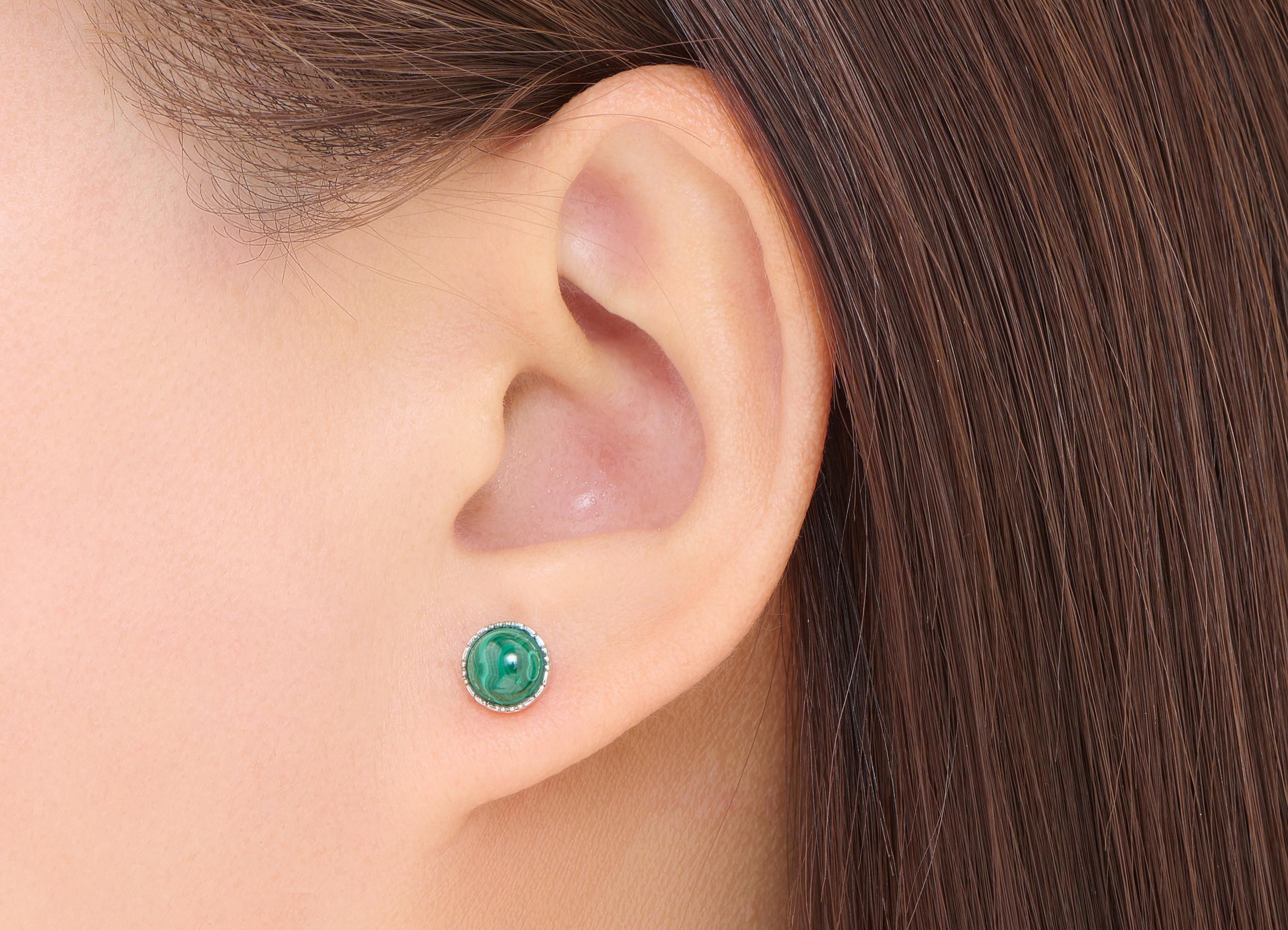 Malachite Stone Earring Stud - Brass Vintage Looking Earring Post - Everyday Wear Jewelry Making - White K Plated - 7.46x7x4.24mm - NS2556 - DOMEDBAZAAR