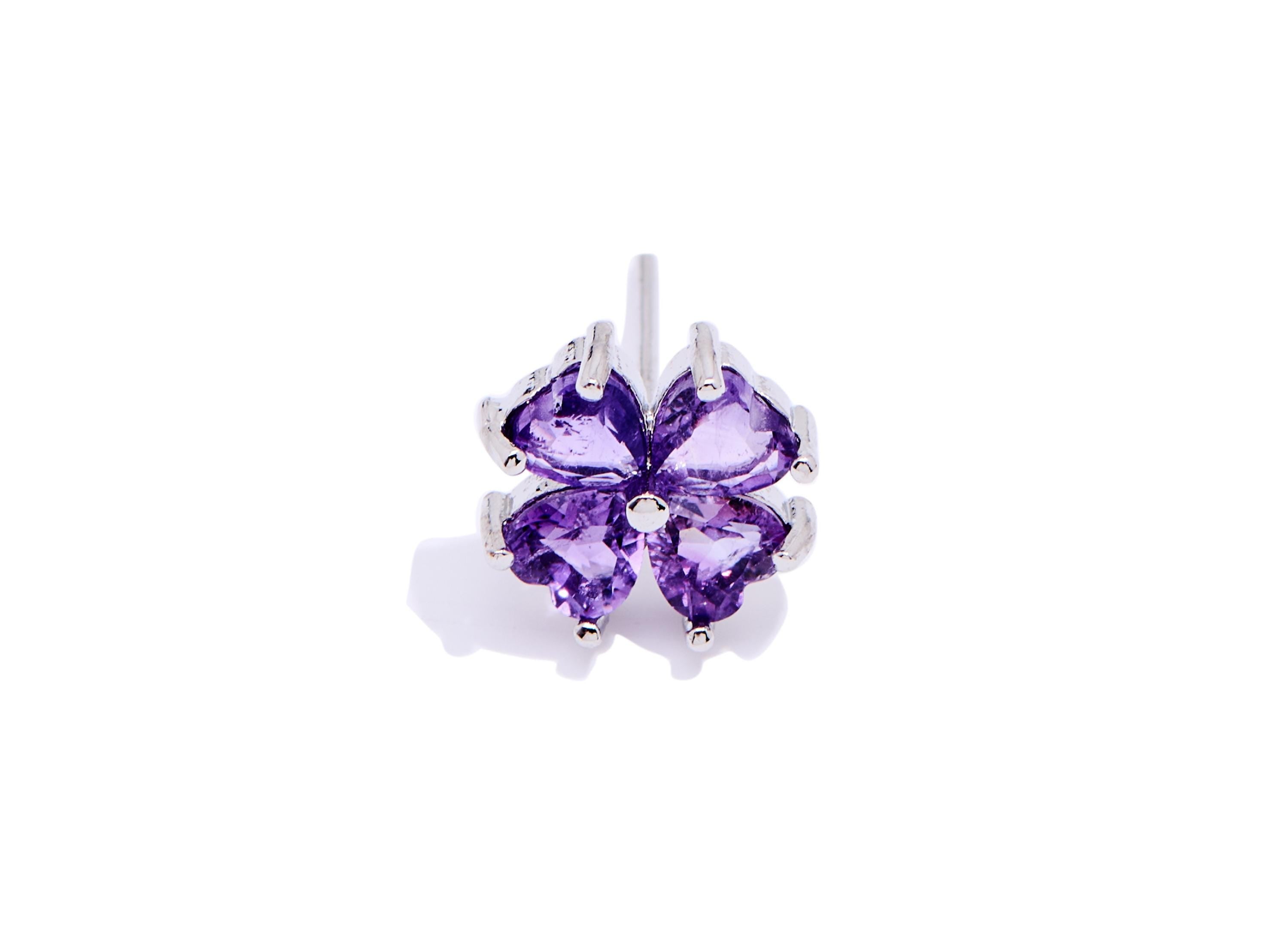 Amethyst Stone Floral Earring Stud - Sparking Brass Heart Stone Post - Jewelry Making - Silver Stud - White K Plated - 10x9.5x3.94mm -NS2665 - DOMEDBAZAAR