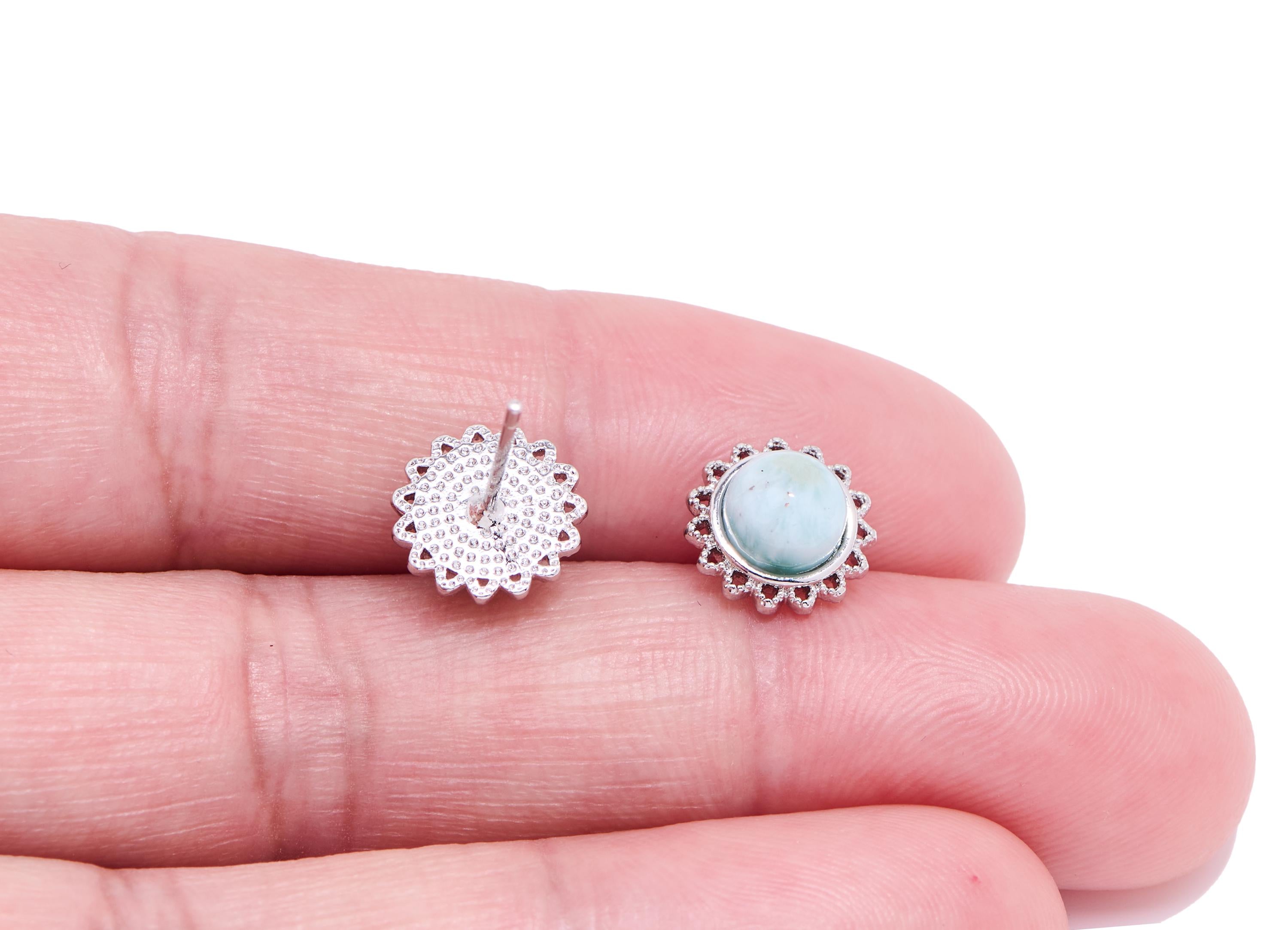 Larimar Brass Sunflower Stud - Natural Gemstone Sun Earring Post - Elegant Jewelry - Silver Stud - White K Plated - 9.4x9.4x4.73mm - NS2627 - DOMEDBAZAAR
