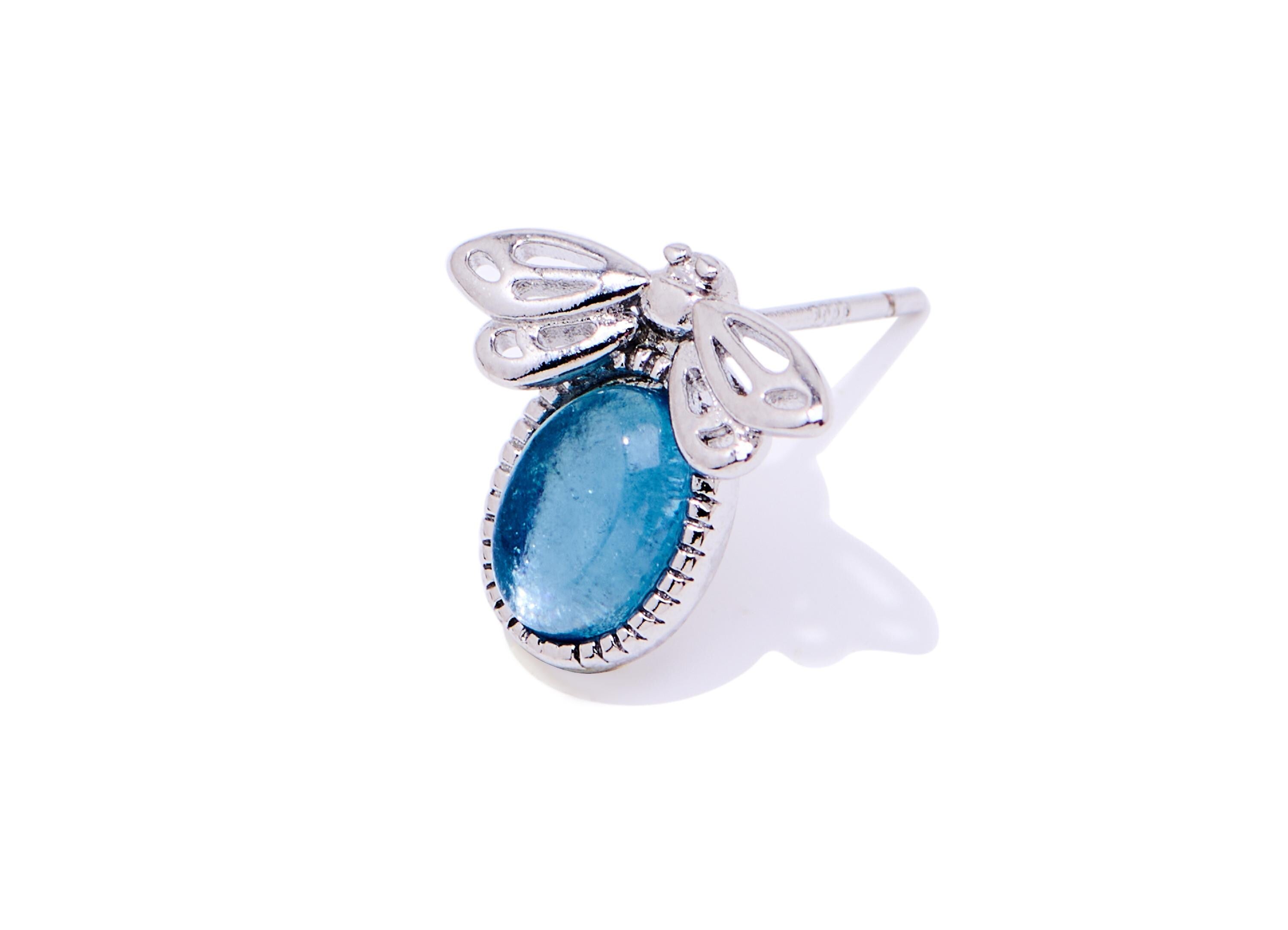 Aquamarine Brass Bee Stud - Natural Gemstone Bee Earring Post - Refined Jewelry - Silver Stud - White K Plated - 12.55x11.76x3.6mm - NS2592 - DOMEDBAZAAR