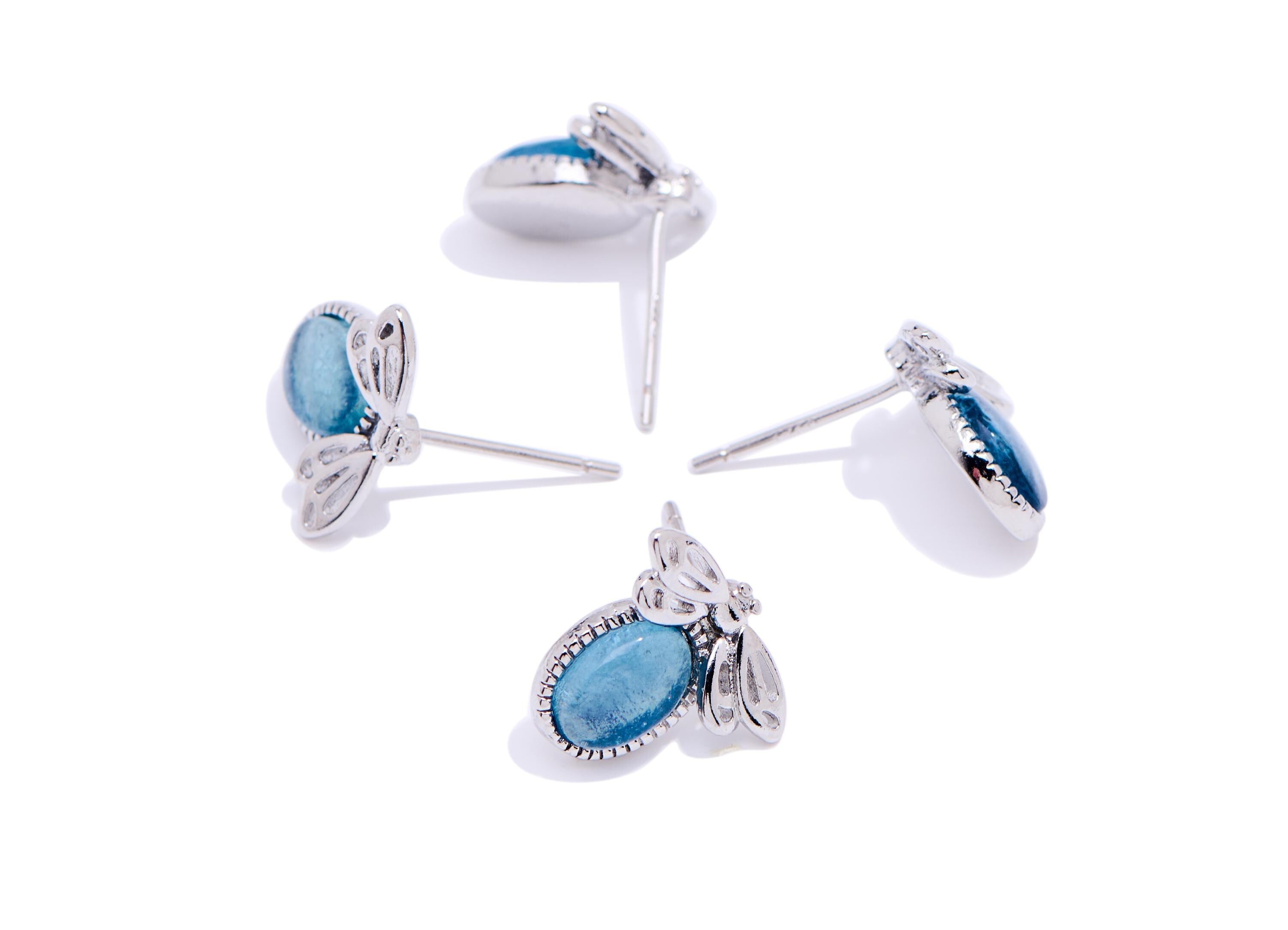 Aquamarine Brass Bee Stud - Natural Gemstone Bee Earring Post - Refined Jewelry - Silver Stud - White K Plated - 12.55x11.76x3.6mm - NS2592 - DOMEDBAZAAR