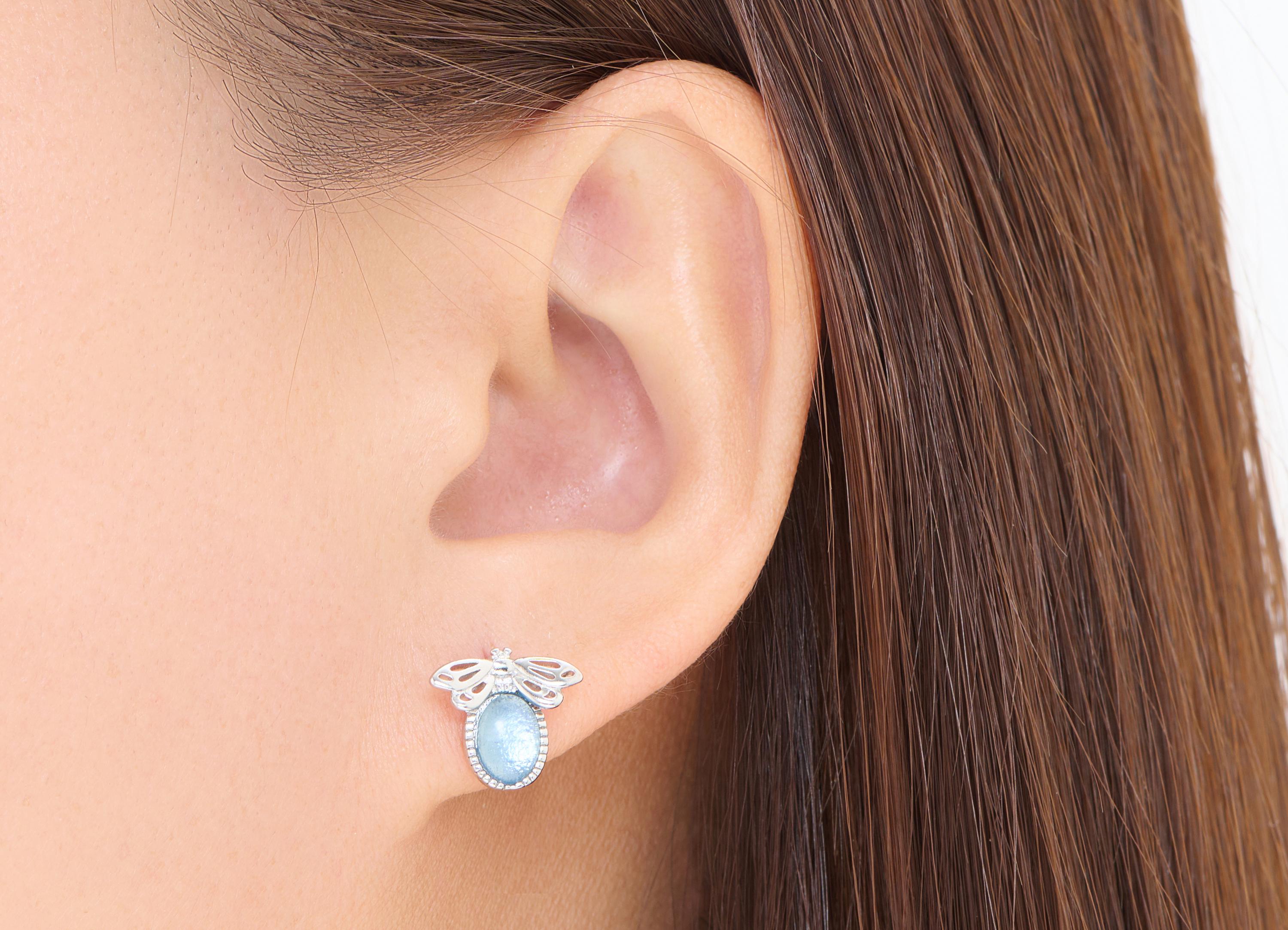 Aquamarine Brass Bee Stud - Natural Gemstone Bee Earring Post - Refined Jewelry - Silver Stud - White K Plated - 12.55x11.76x3.6mm - NS2592 - DOMEDBAZAAR