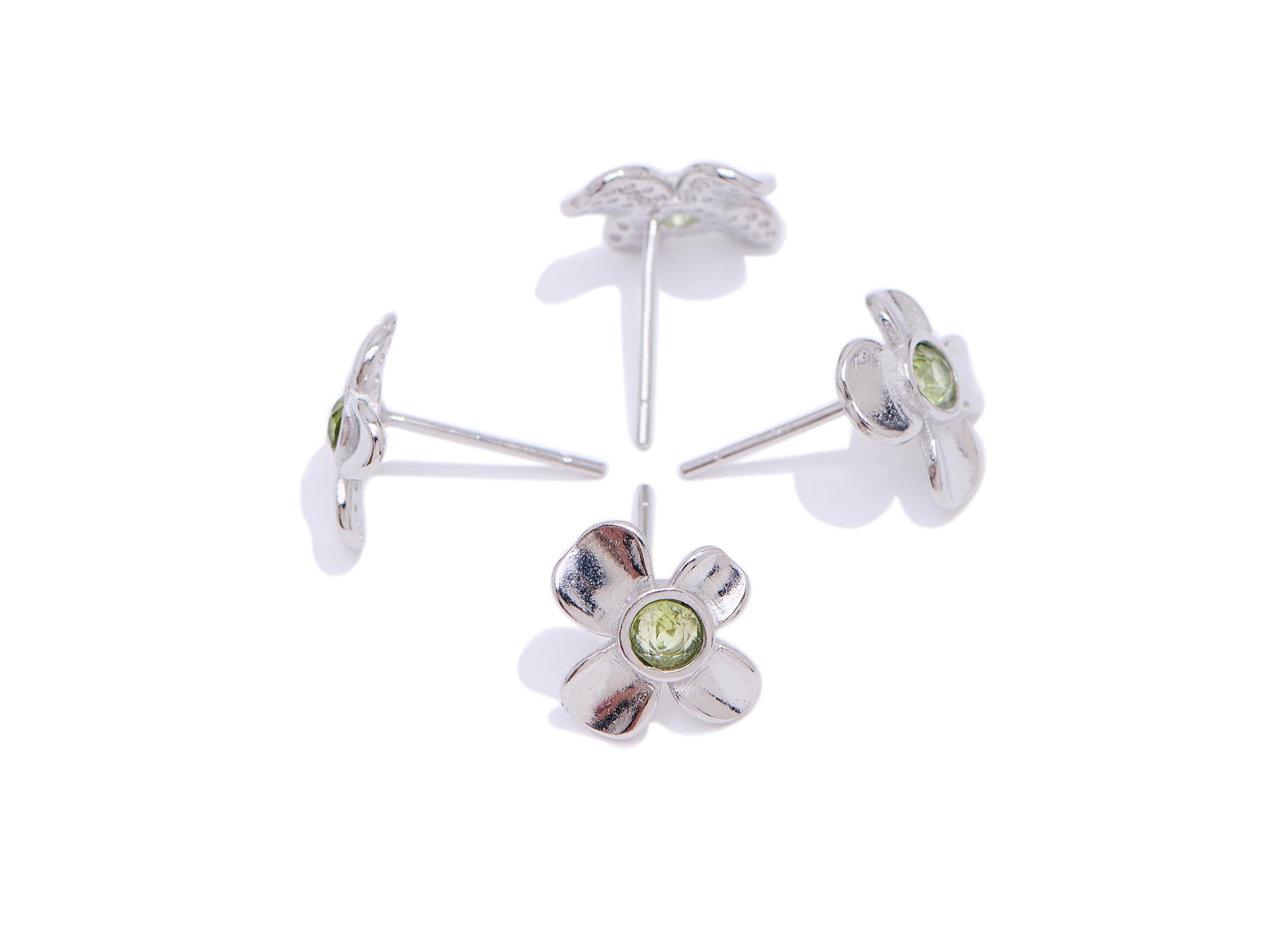 Olivine Floral Earring Post - Brass Flower Earring Post - Silver-Toned Studs - Minimalist Jewelry Making - White K Plated -10x9x2mm - NS2620 - DOMEDBAZAAR