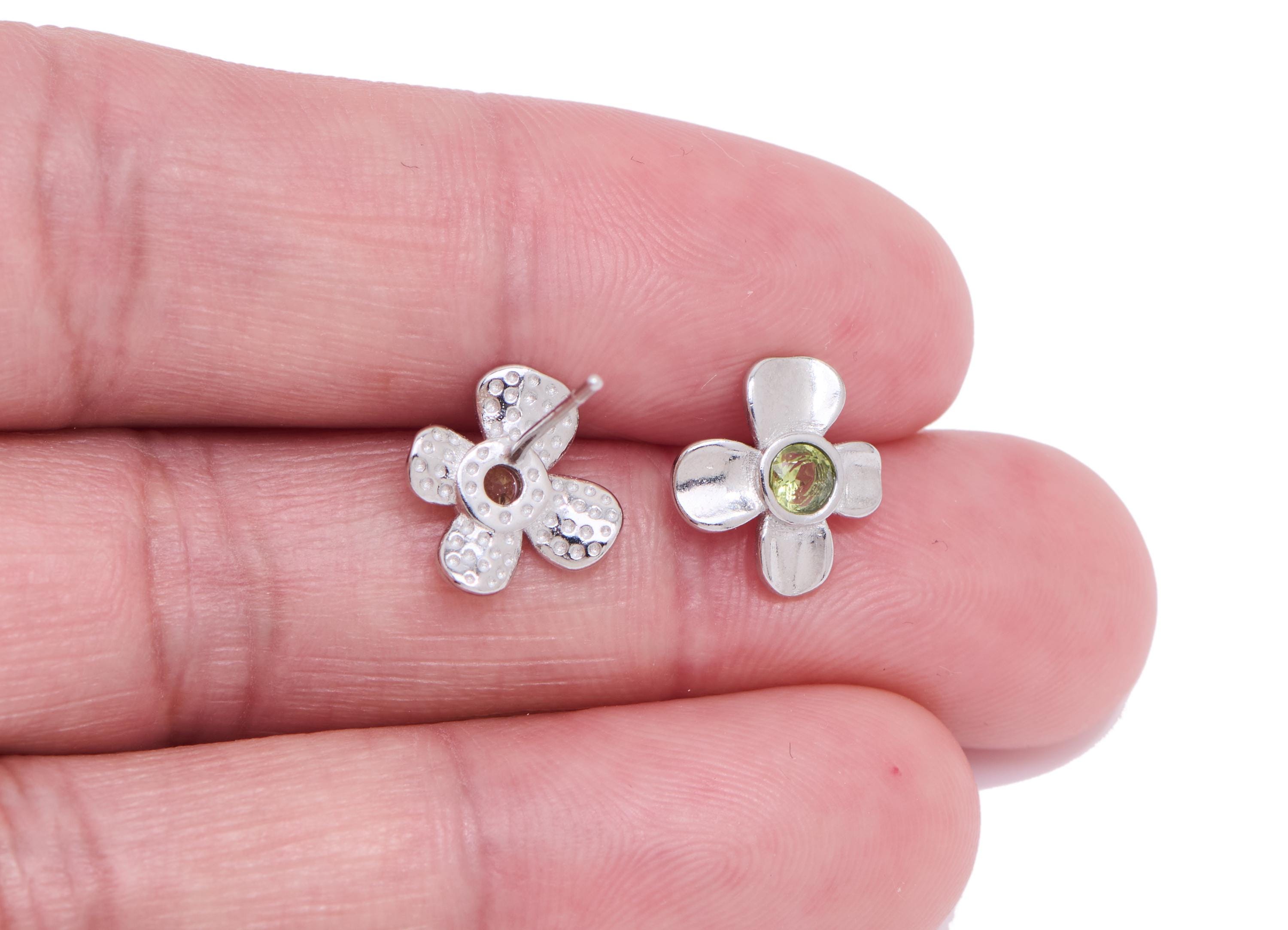 Olivine Floral Earring Post - Brass Flower Earring Post - Silver-Toned Studs - Minimalist Jewelry Making - White K Plated -10x9x2mm - NS2620 - DOMEDBAZAAR