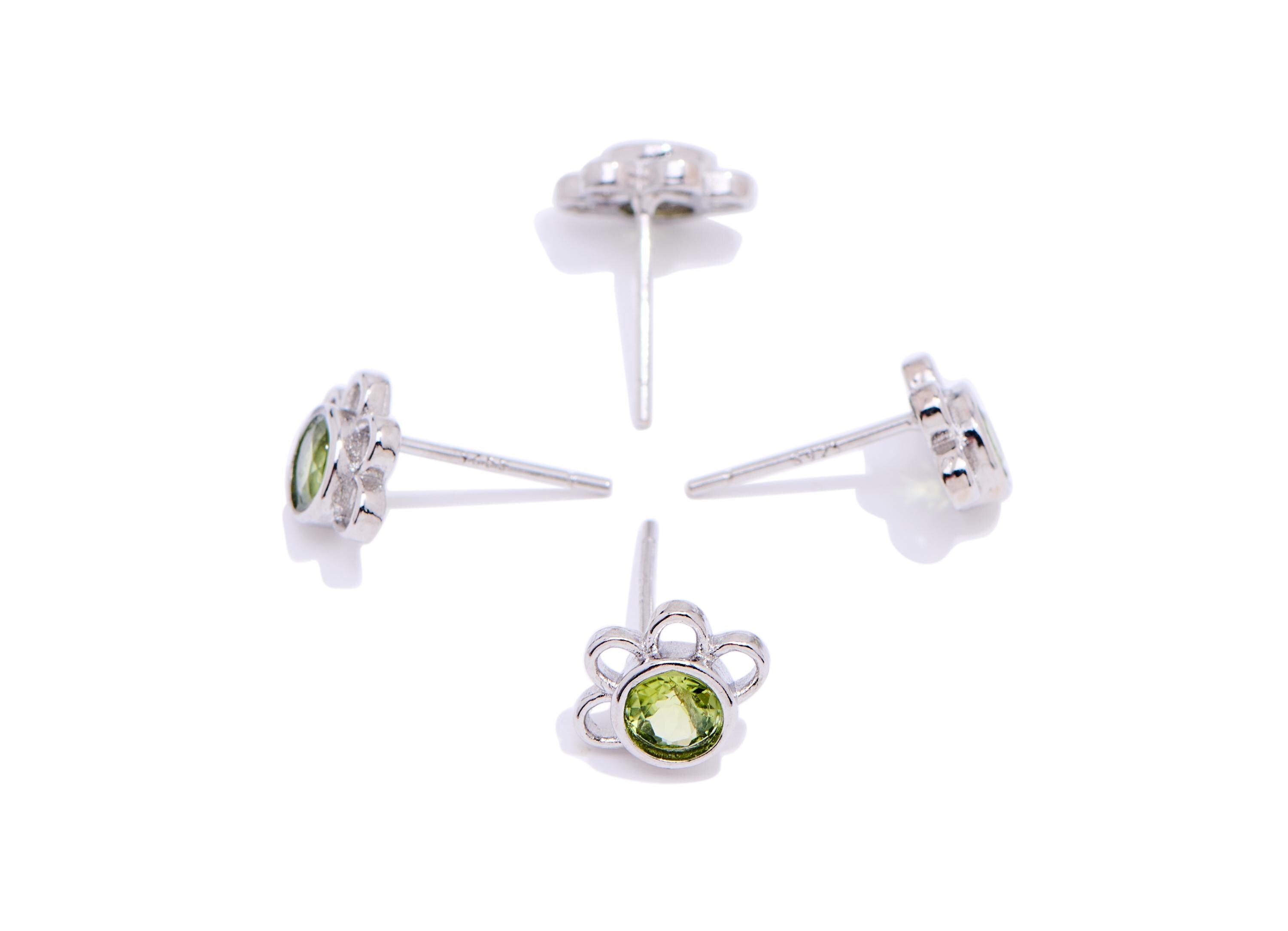 Olivine Stone Petal Earring Studs - Brass Natural Stone Floral Posts - Jewelry Making - Silver Stud - White K Plated - 9x6.83x3mm - NS2617 - DOMEDBAZAAR