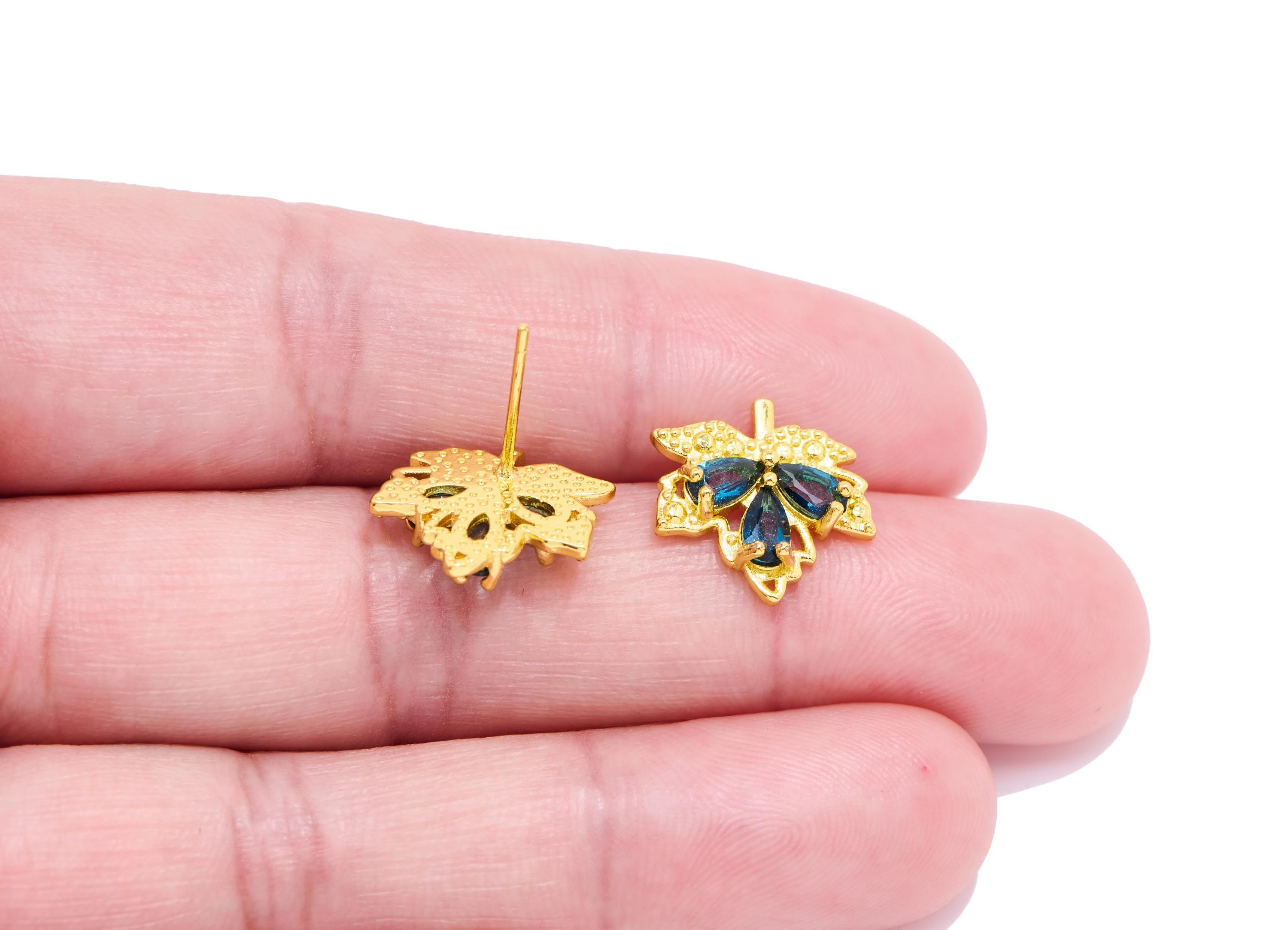 Topaz Maple Leaf Earring Stud - Sparking Gold Brass Gemstone Post - Jewelry Making - Silver Stud - White K Plated - 14.8x13.85x3.3mm -NS2584 - DOMEDBAZAAR