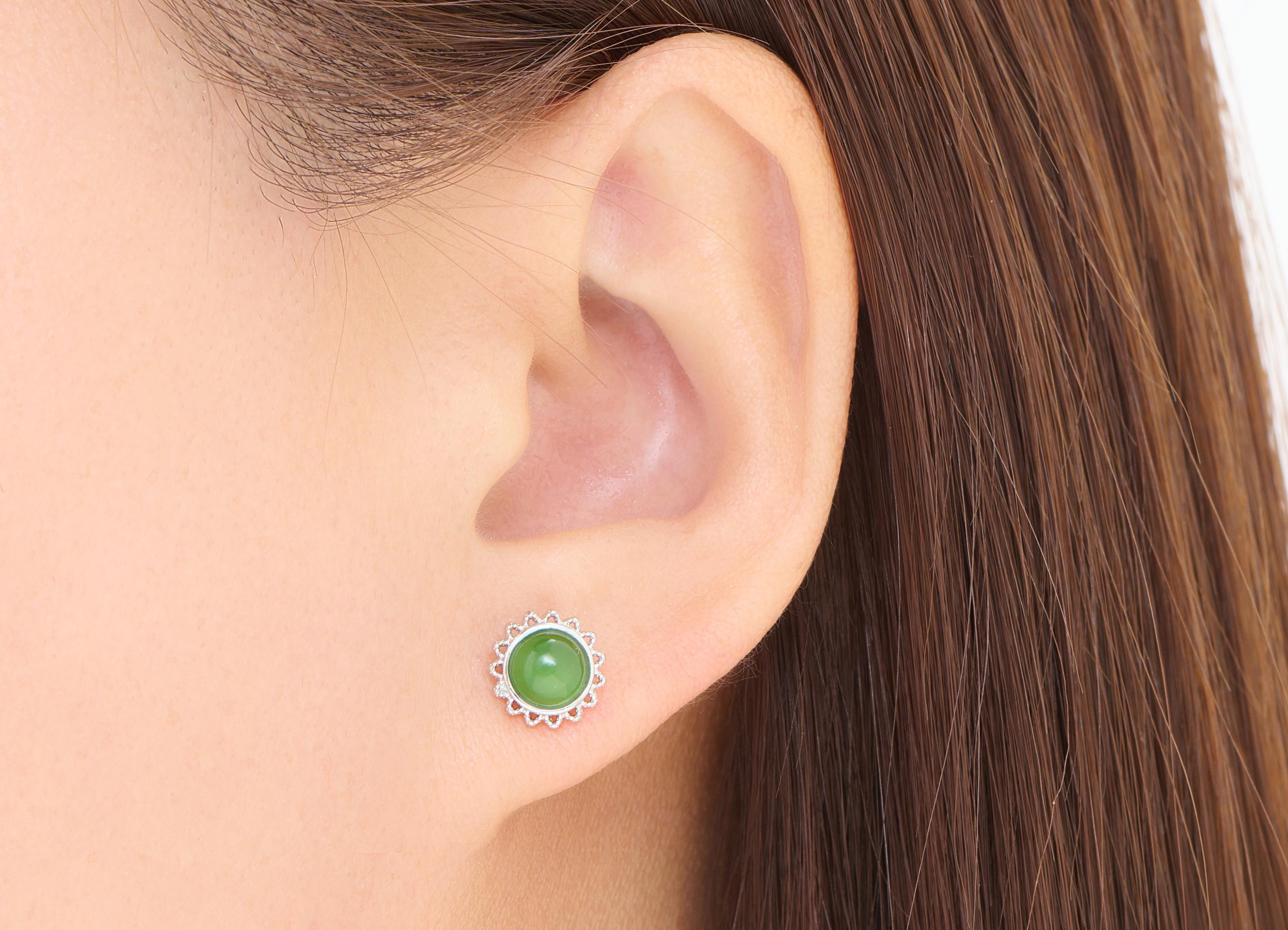 Jade Stone Brass Sunflower Stud - Natural Gemstone Sun Earring Post - Elegant Jewelry - Silver Stud - White K Plated -9.46x9.46x3.7mm-NS2629 - DOMEDBAZAAR