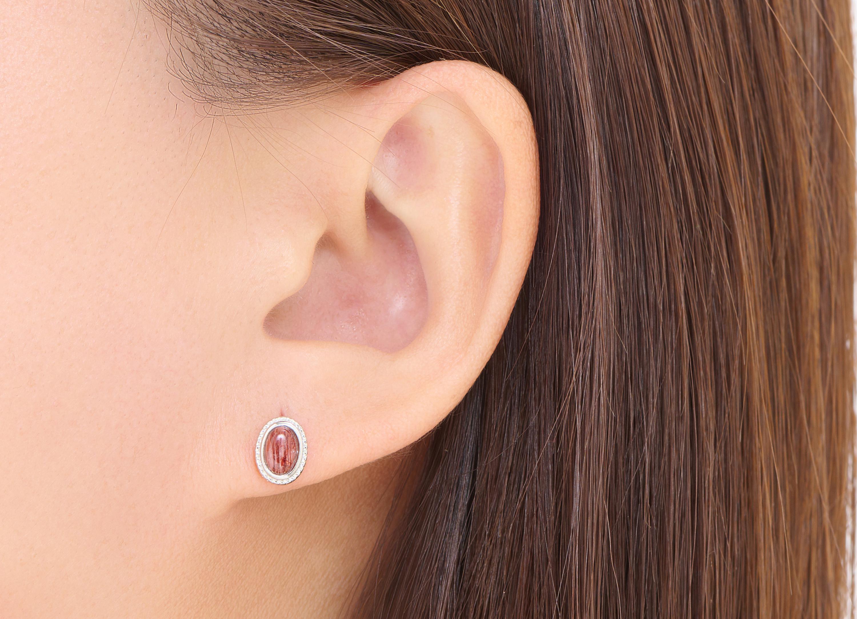 Hairite Stone Brass Oval Stud - Natural Gemstone Oval Earring Post - Modern Jewelry - Silver Stud - White K Plated - 8.68x6.8x4.67mm -NS2635 - DOMEDBAZAAR