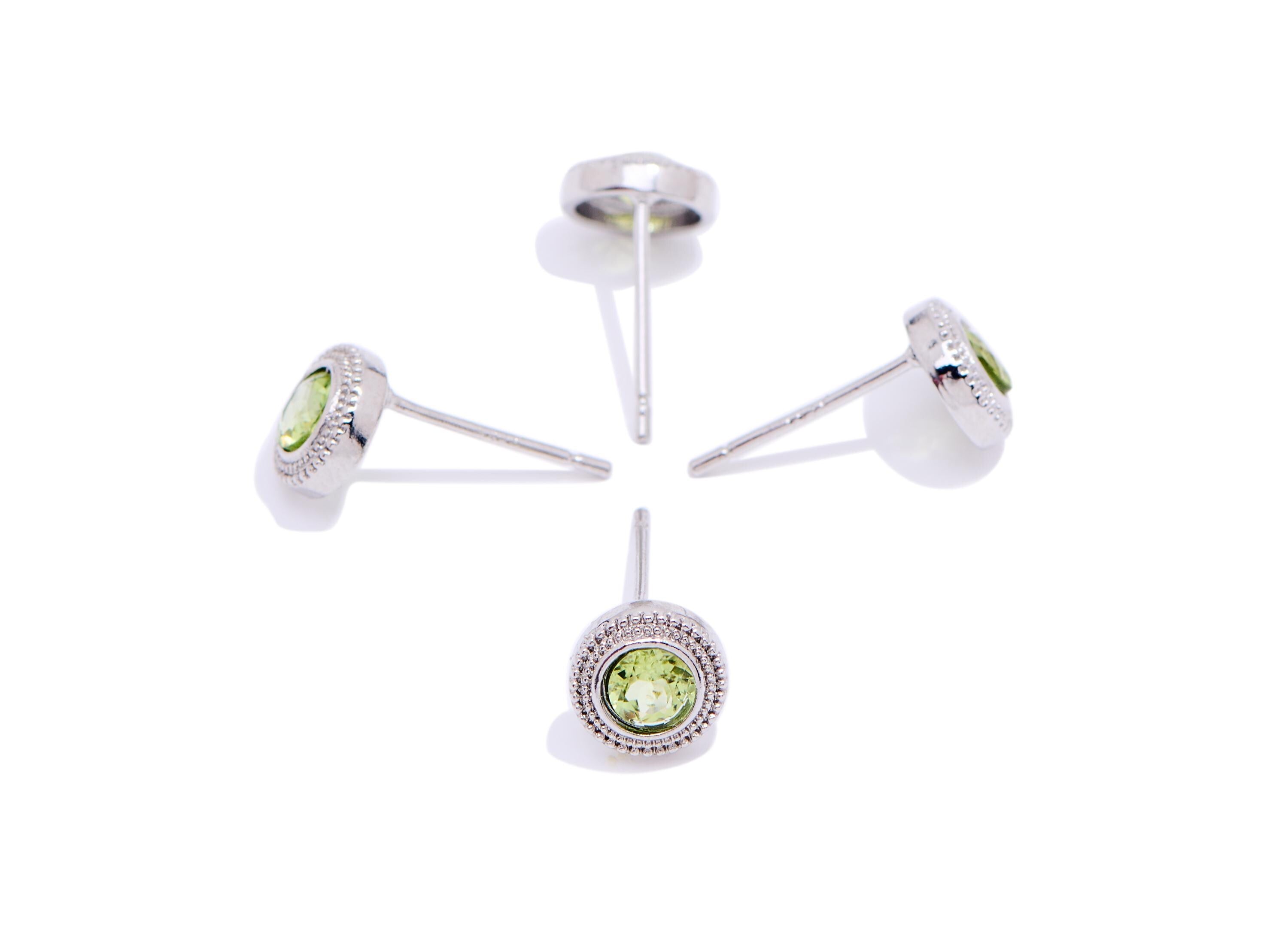 Olivine Brass Round Stud - Natural Gemstone Earring Post - Vintage Jewelry Making - Silver Stud - White K Plated - 7.44x7.44x2.88mm - NS2606 - DOMEDBAZAAR