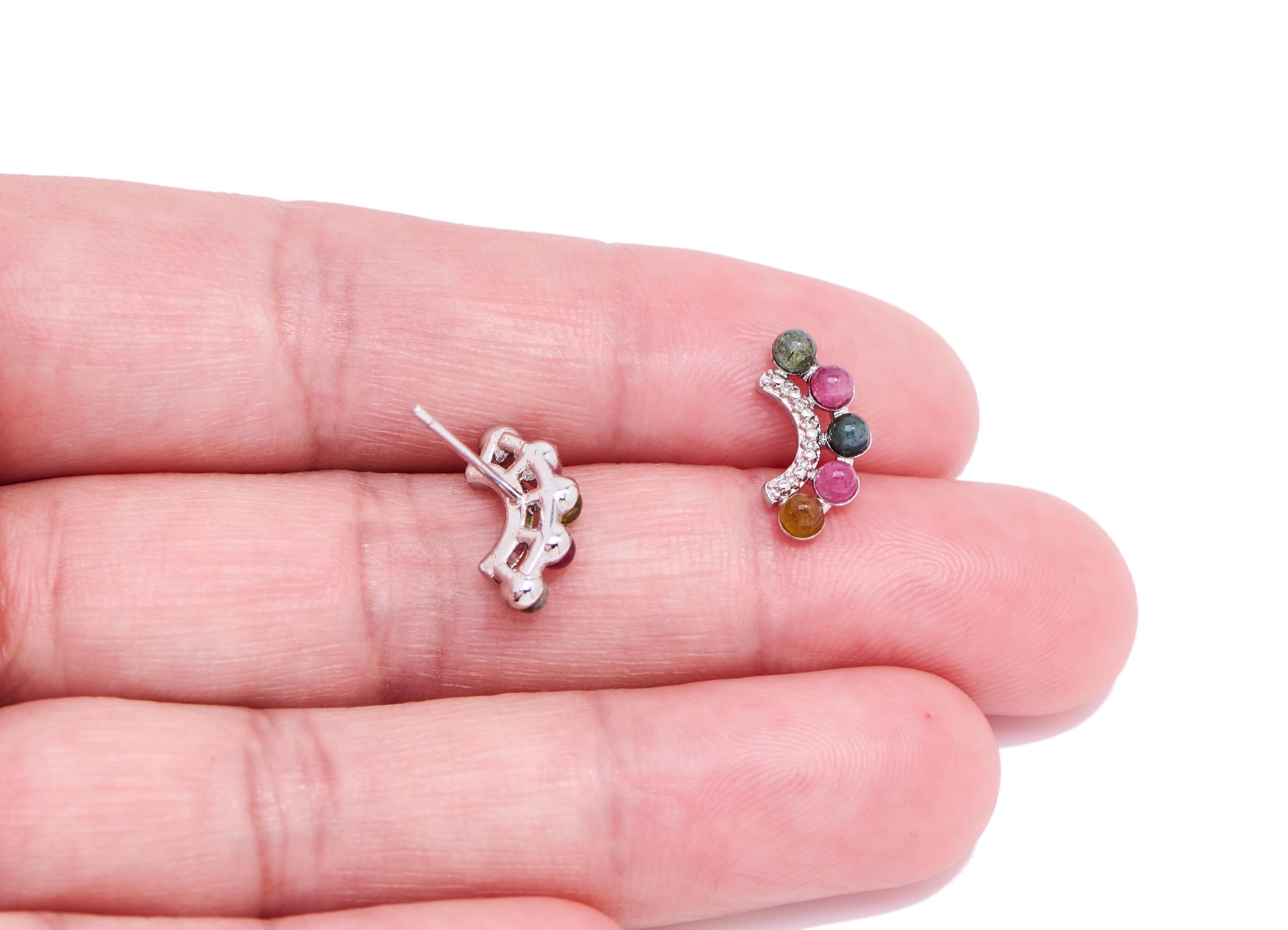Tourmaline Brass Arc Studs - Curved Rainbow Gemstone Earring Posts - Romantic Jewelry - Silver Stud - White K Plated - 13.52x7x3mm - NS2575 - DOMEDBAZAAR
