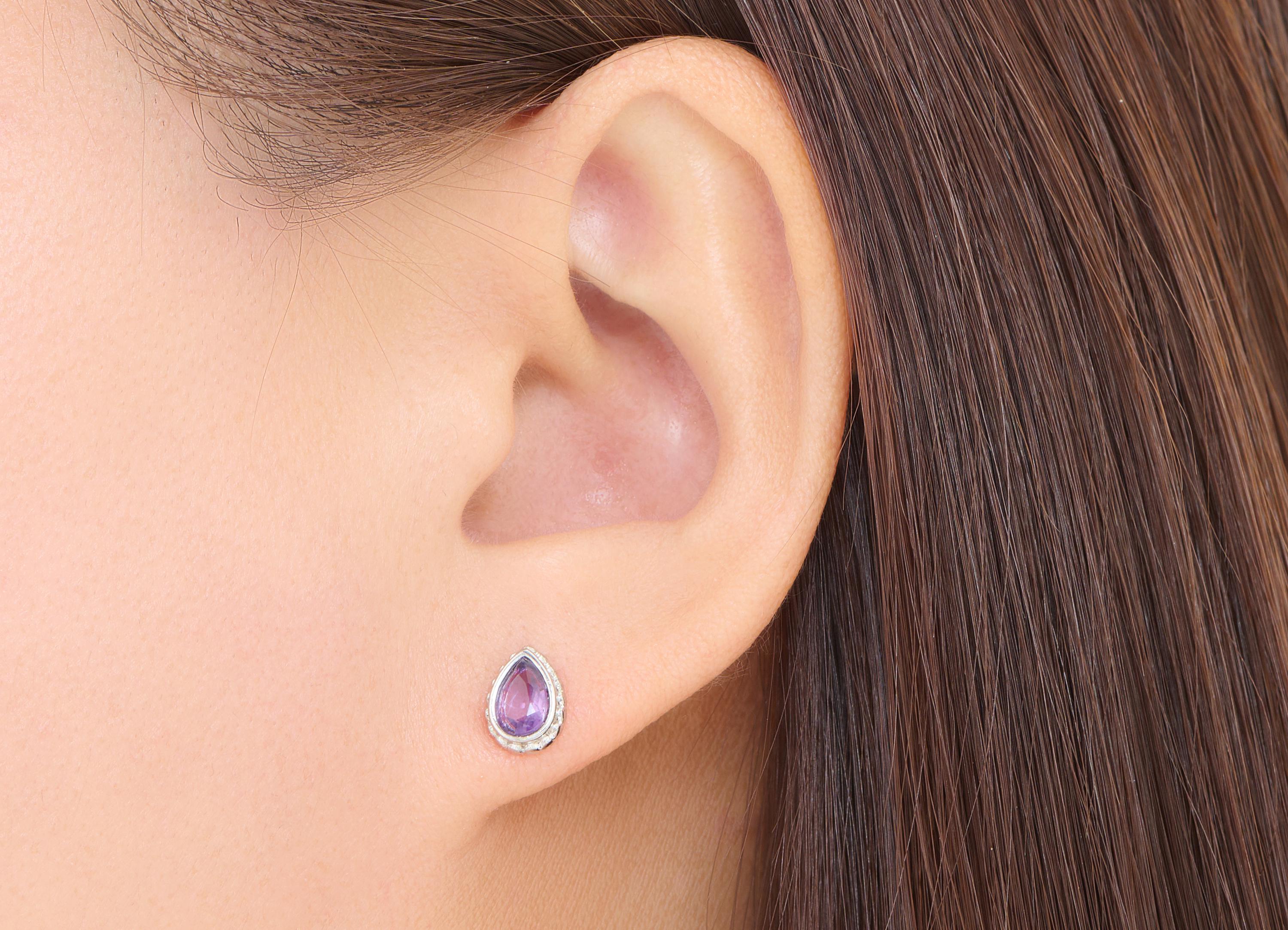 Amethyst Stone Teardrop Stud - Brass Natural Gemstone Drop Post - Opulent Jewelry - Silver Stud - White K Plated - 8.55x6.5x2.83mm - NS2675 - DOMEDBAZAAR