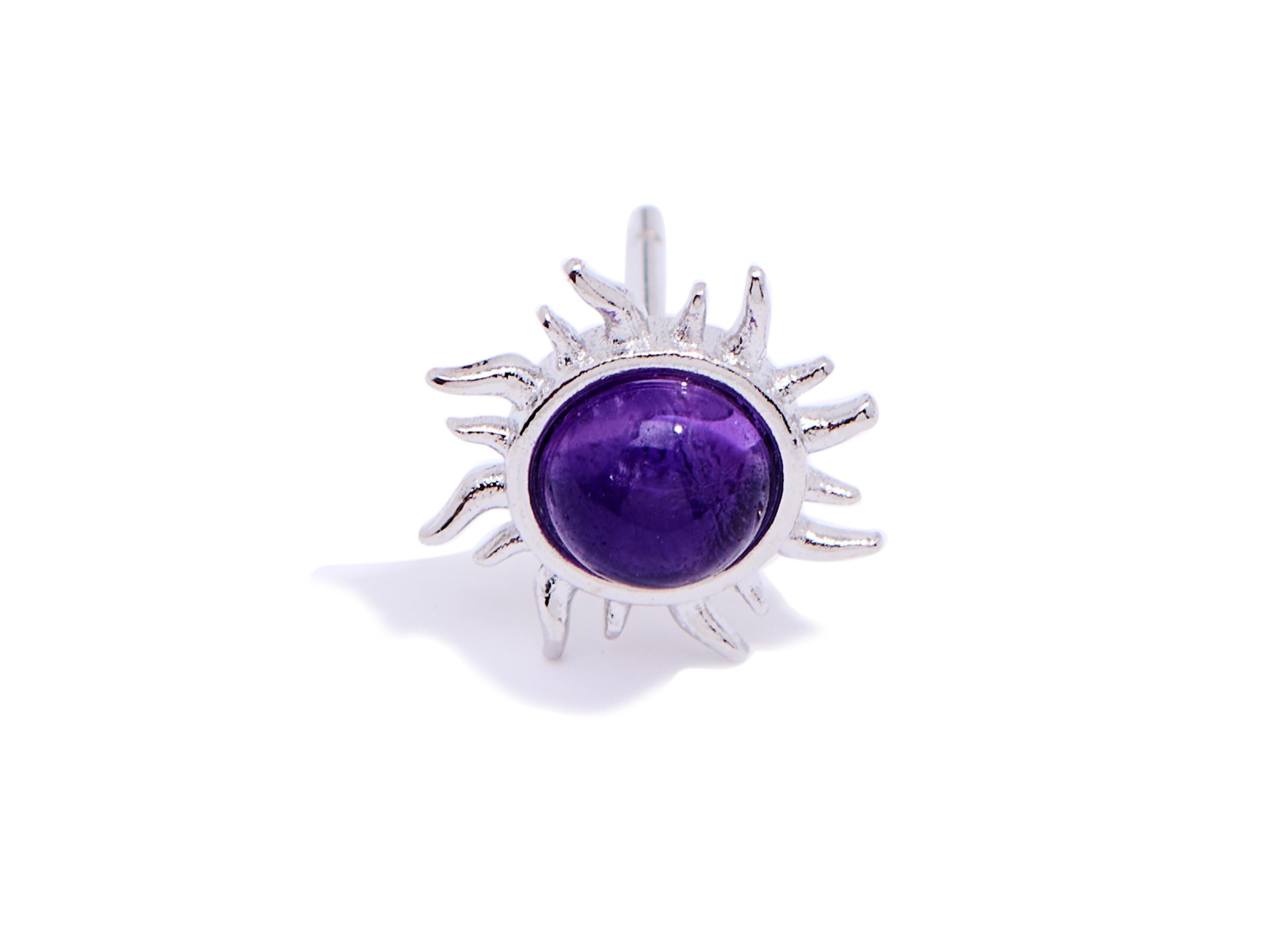 Amethyst Stone Brass Sun Stud - Refined Gemstone Sun Earring Post - Jewelry Making - Silver Stud - White K Plated - 10.72x10.16x4.4mm-NS2646 - DOMEDBAZAAR