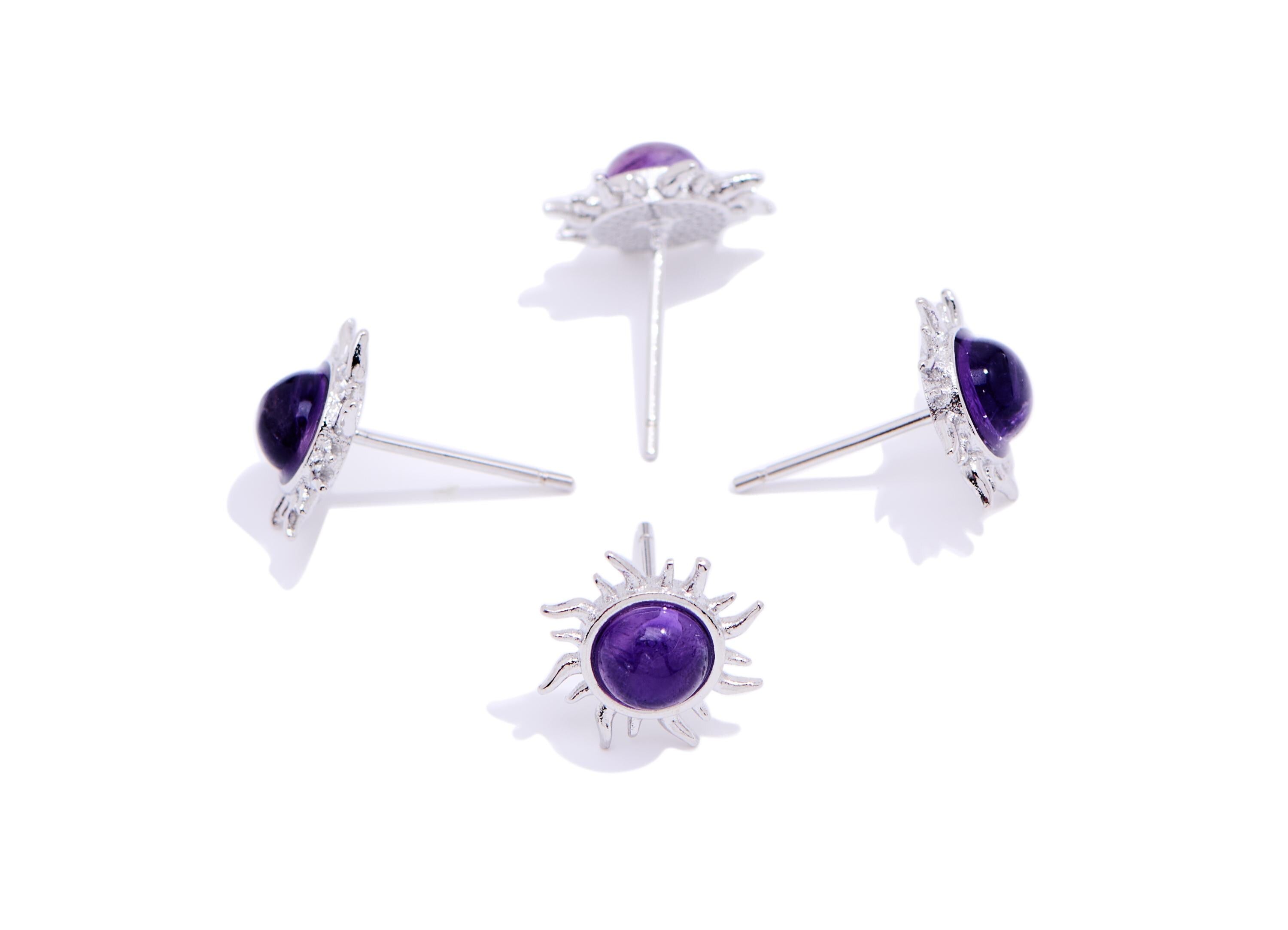 Amethyst Stone Brass Sun Stud - Refined Gemstone Sun Earring Post - Jewelry Making - Silver Stud - White K Plated - 10.72x10.16x4.4mm-NS2646 - DOMEDBAZAAR