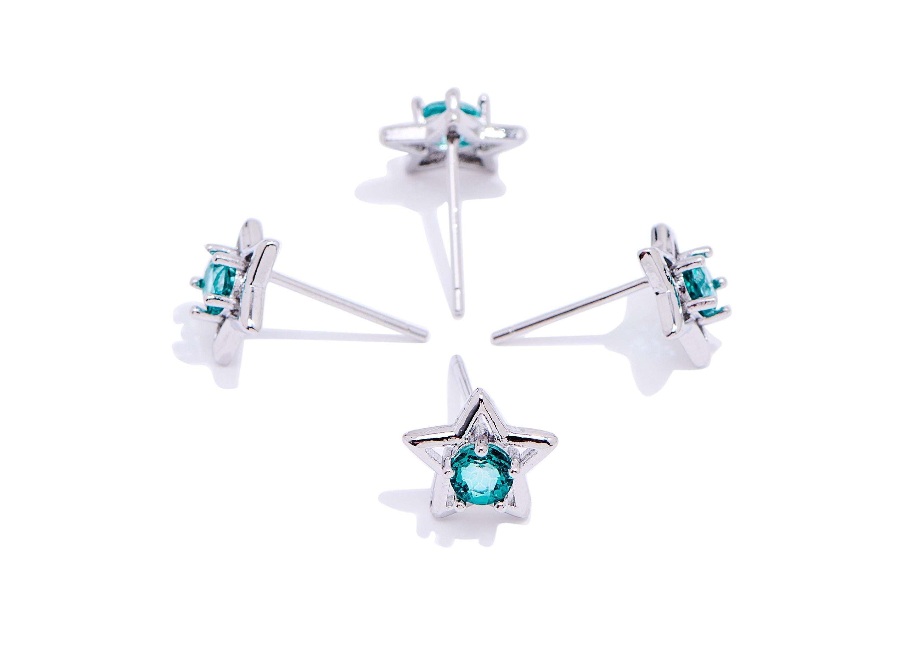 Topaz Stone Brass Star Stud - Dainty Gemstone Earring Post - Chic Jewelry Making - Silver Stud - White K Plated - 9.66x9.16x3.68mm - NS2596 - DOMEDBAZAAR