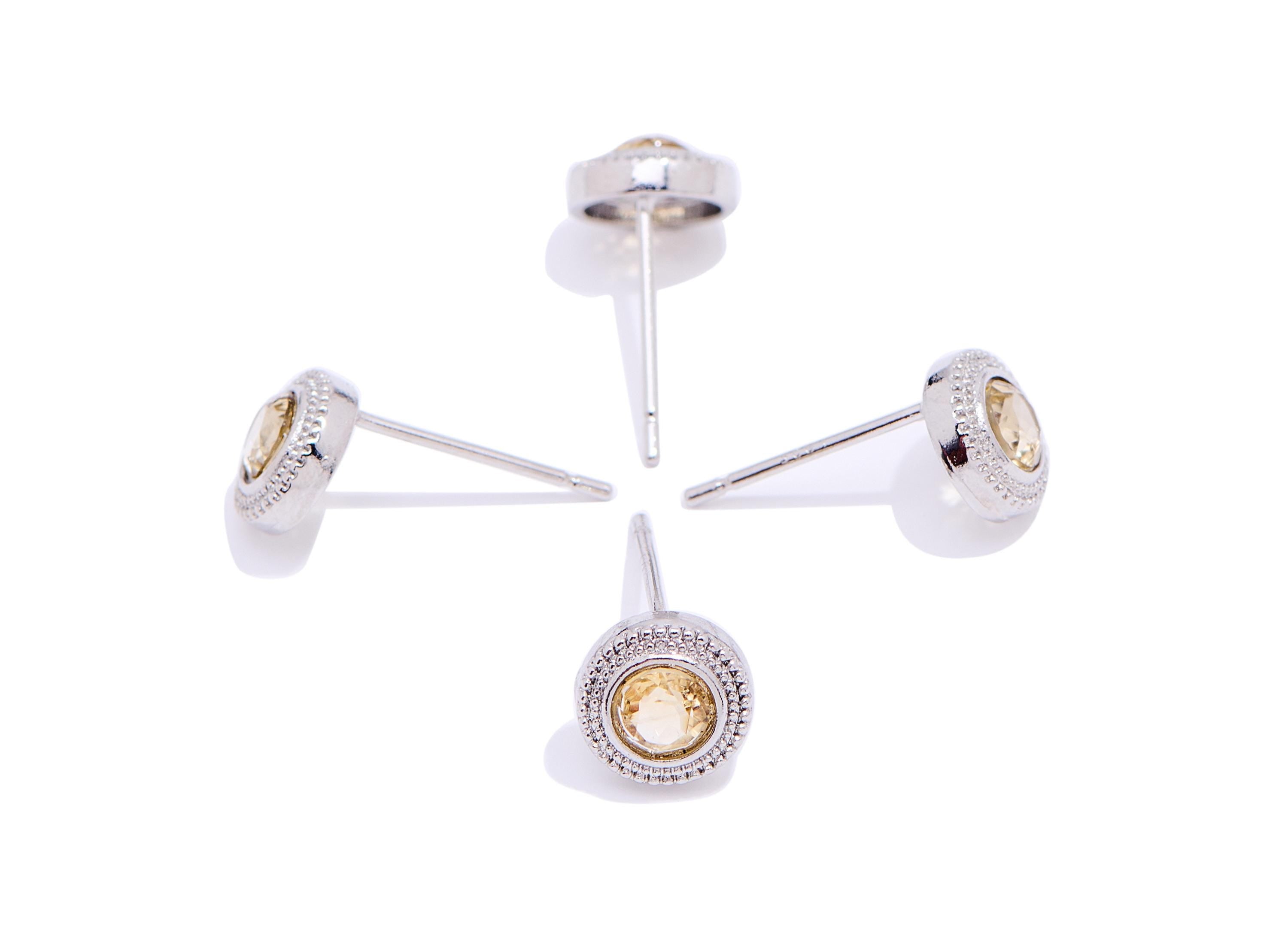 Citrine Brass Round Stud - Mini Natural Gemstone Post - Minimalist Jewelry Making - Silver Stud - White K Plated - 7.6x7.6x3.48mm - NS2603 - DOMEDBAZAAR