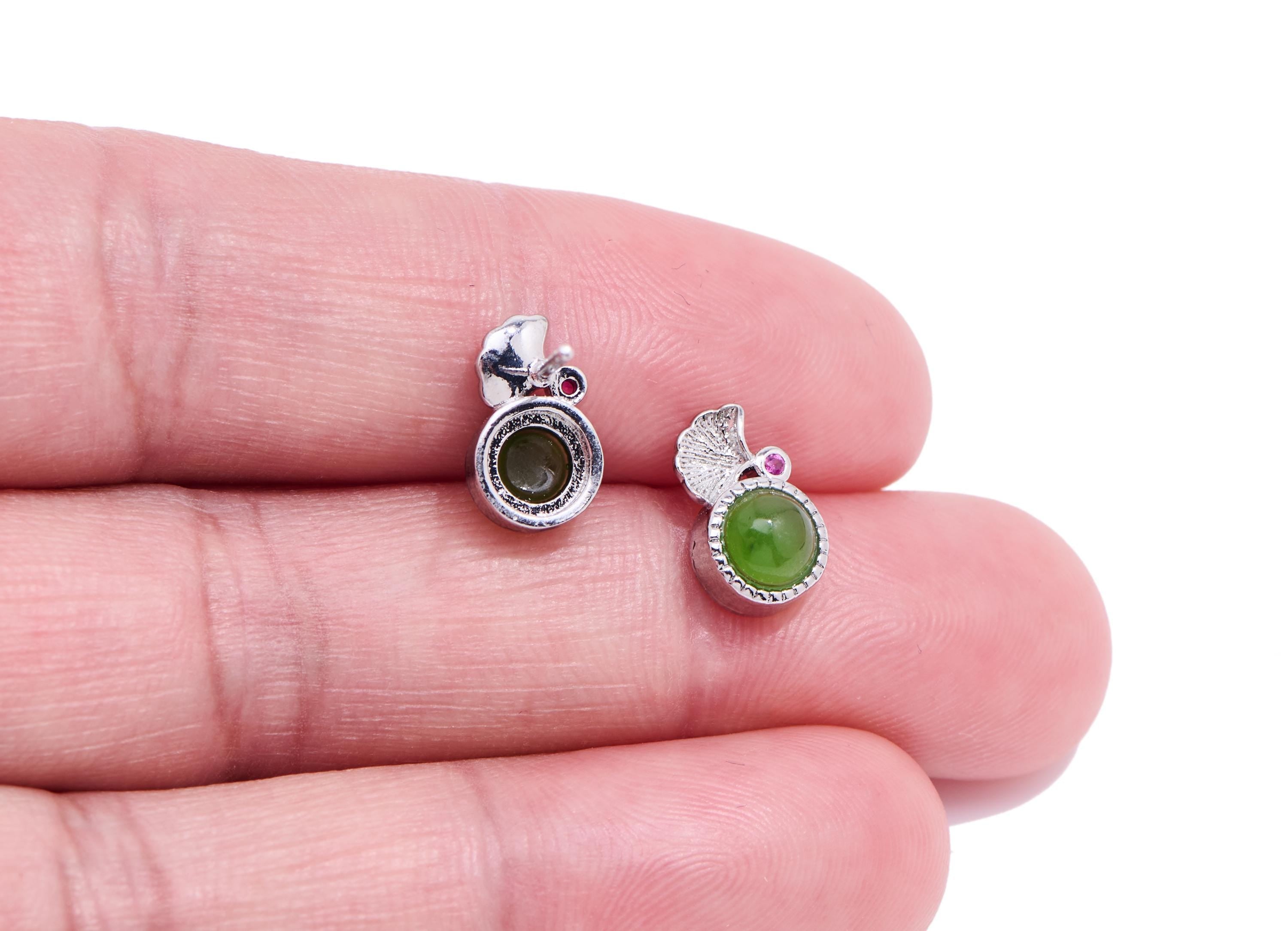 Jade Stone Brass Earring Stud - Brass Leaf Jade Stone Earring Post - Jewelry Making - Silver Stud - White K Plated - 10.8x6.6x4.5mm - NS2676 - DOMEDBAZAAR