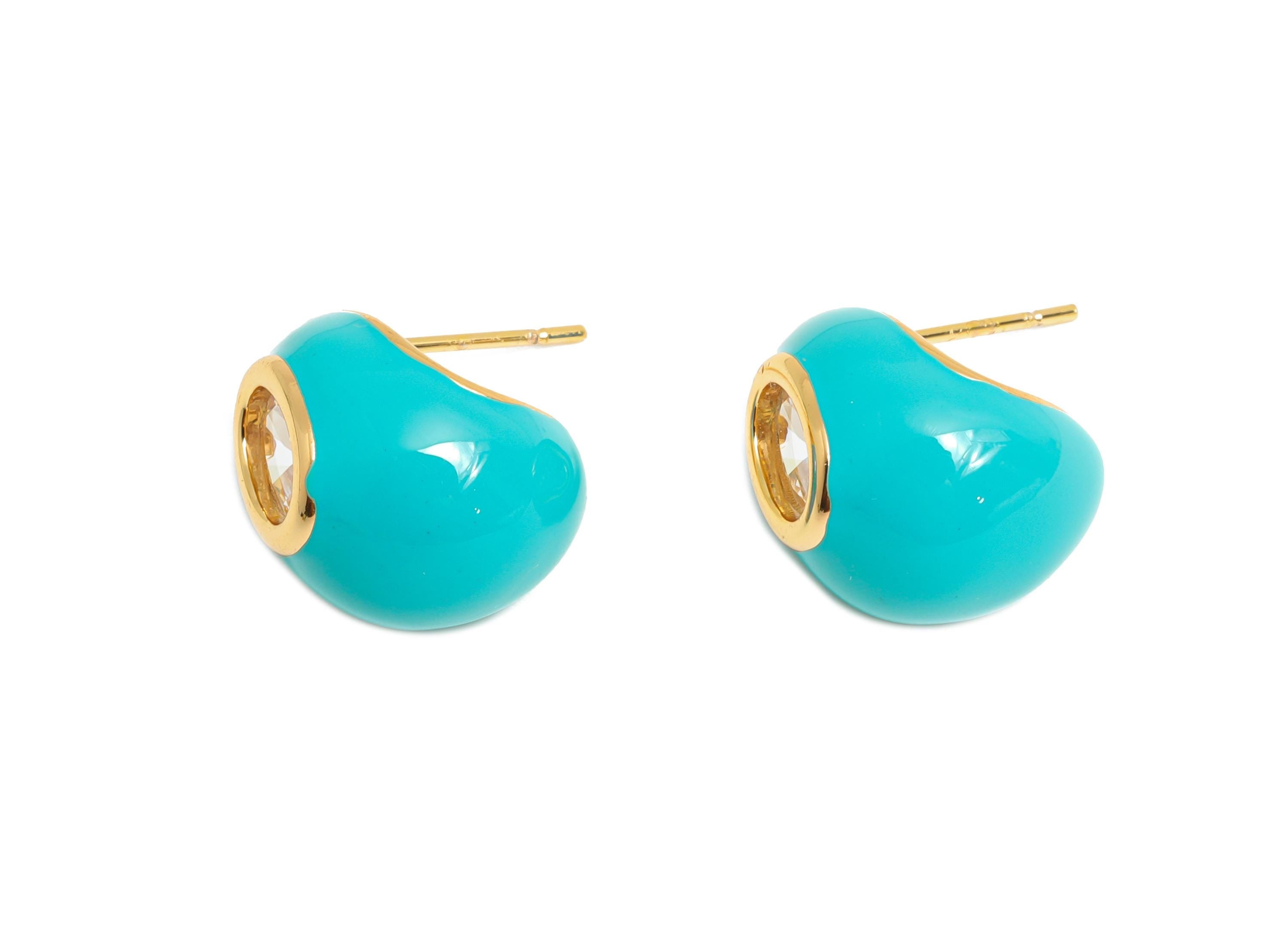 Brass Enamel Hoop Earring - Brass CZ Bold Enamel Chic Colorful Stud - Geometric Enamel Jewelry - 18K Real Gold Plated - 15x12x10mm-RGP10387A - DOMEDBAZAAR