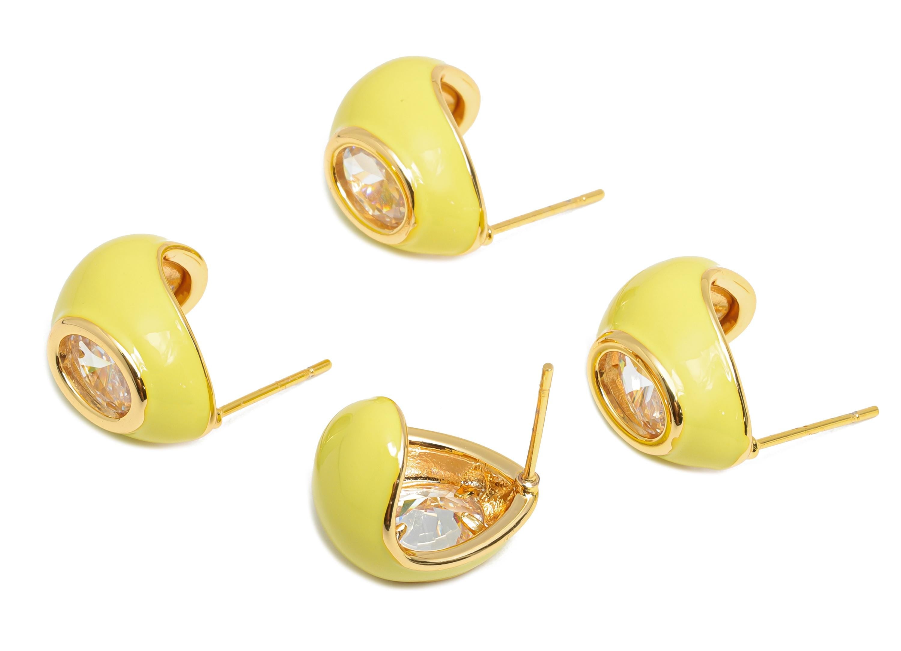 Brass Enamel Hoop Earring - Brass CZ Bold Enamel Chic Colorful Stud - Zircon Enamel Jewelry - 18K Real Gold Plating - 15x12x10mm-RGP10387D - DOMEDBAZAAR