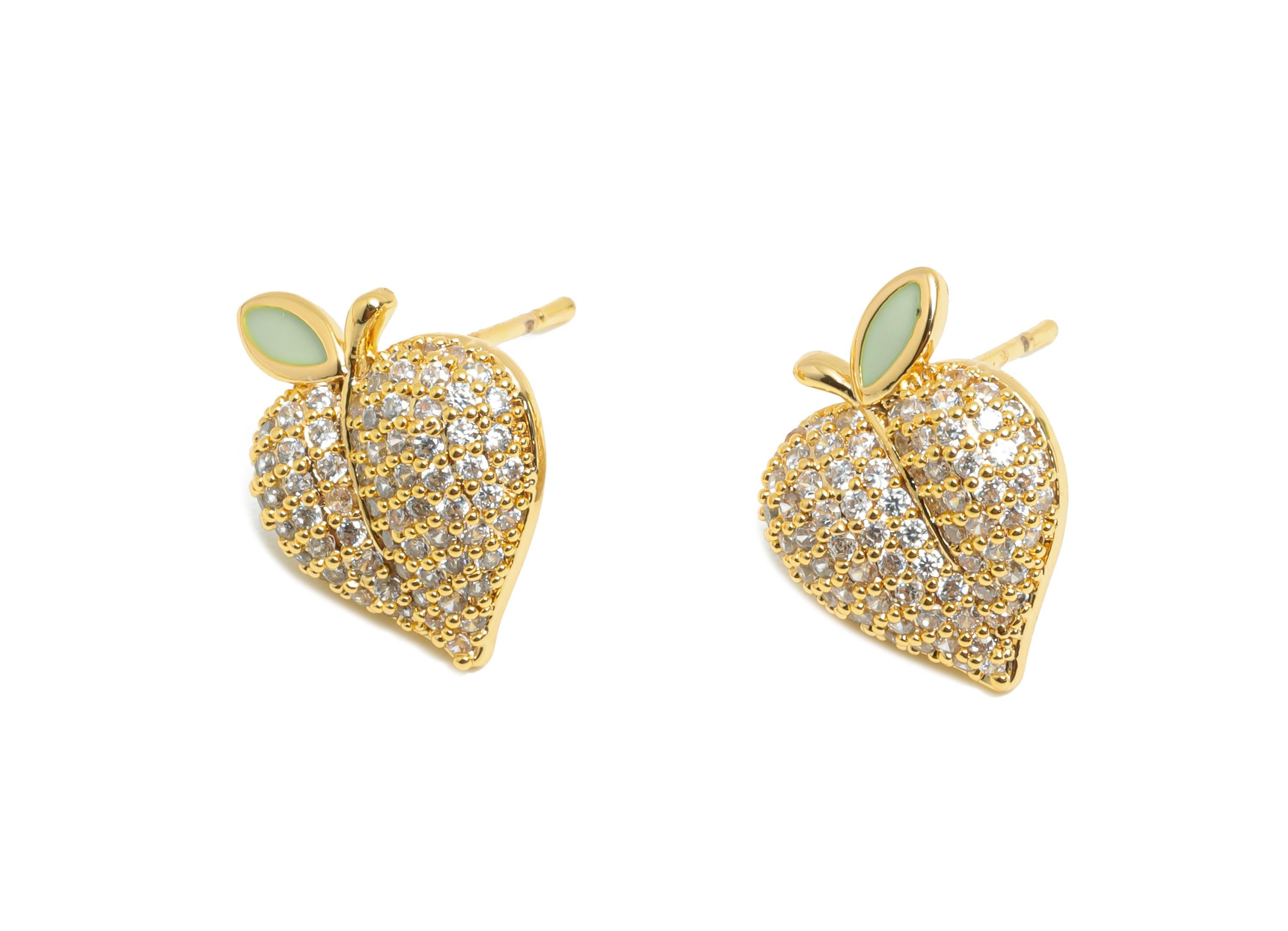 Sparkling Enamel Earring - Brass CZ Peach Stud Earring - Dainty Earring - 18K Real Gold Plated - Glamorous Gold Jewelry - 13x11x3mm-RGP10383 - DOMEDBAZAAR