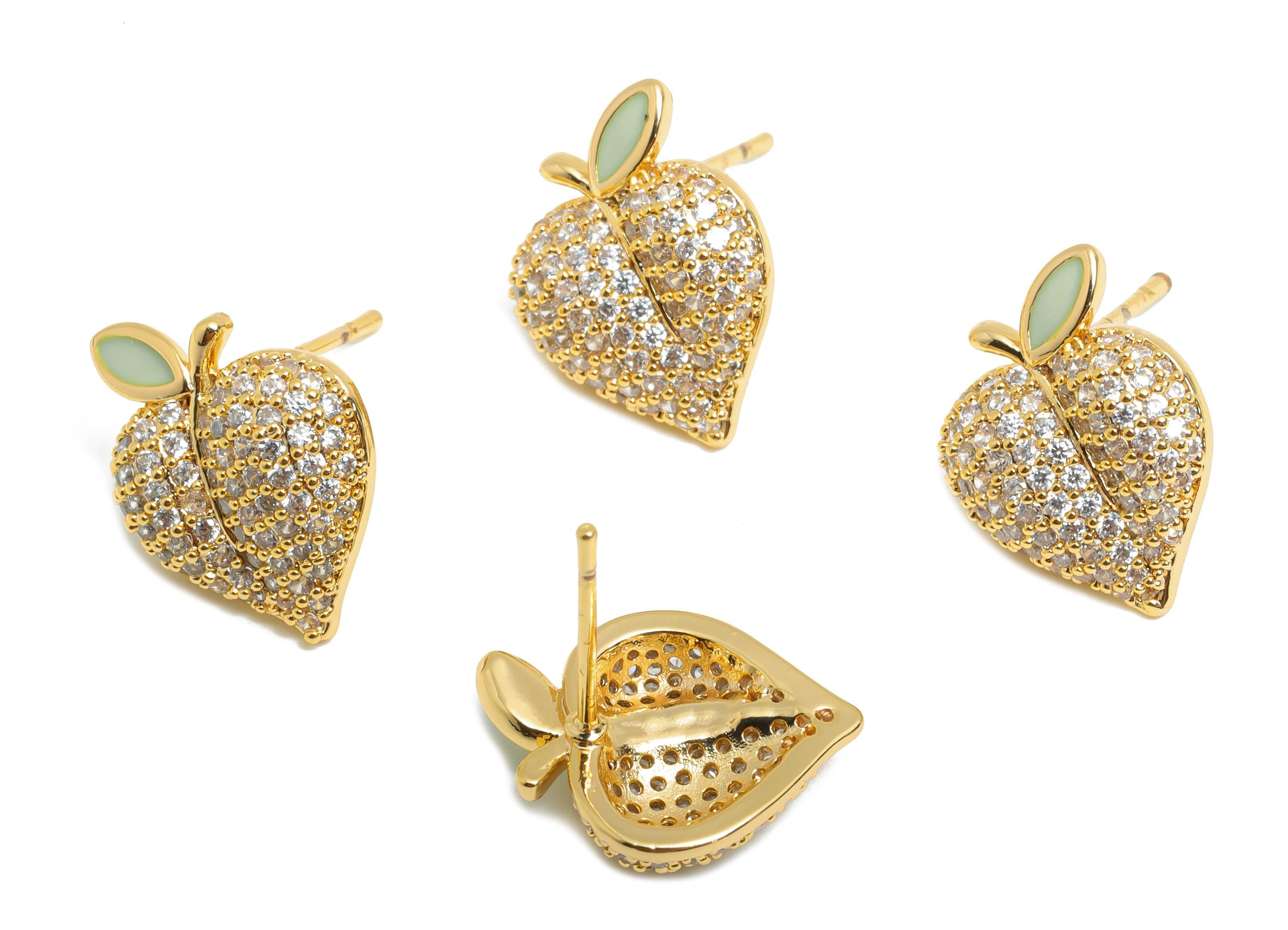 Sparkling Enamel Earring - Brass CZ Peach Stud Earring - Dainty Earring - 18K Real Gold Plated - Glamorous Gold Jewelry - 13x11x3mm-RGP10383 - DOMEDBAZAAR