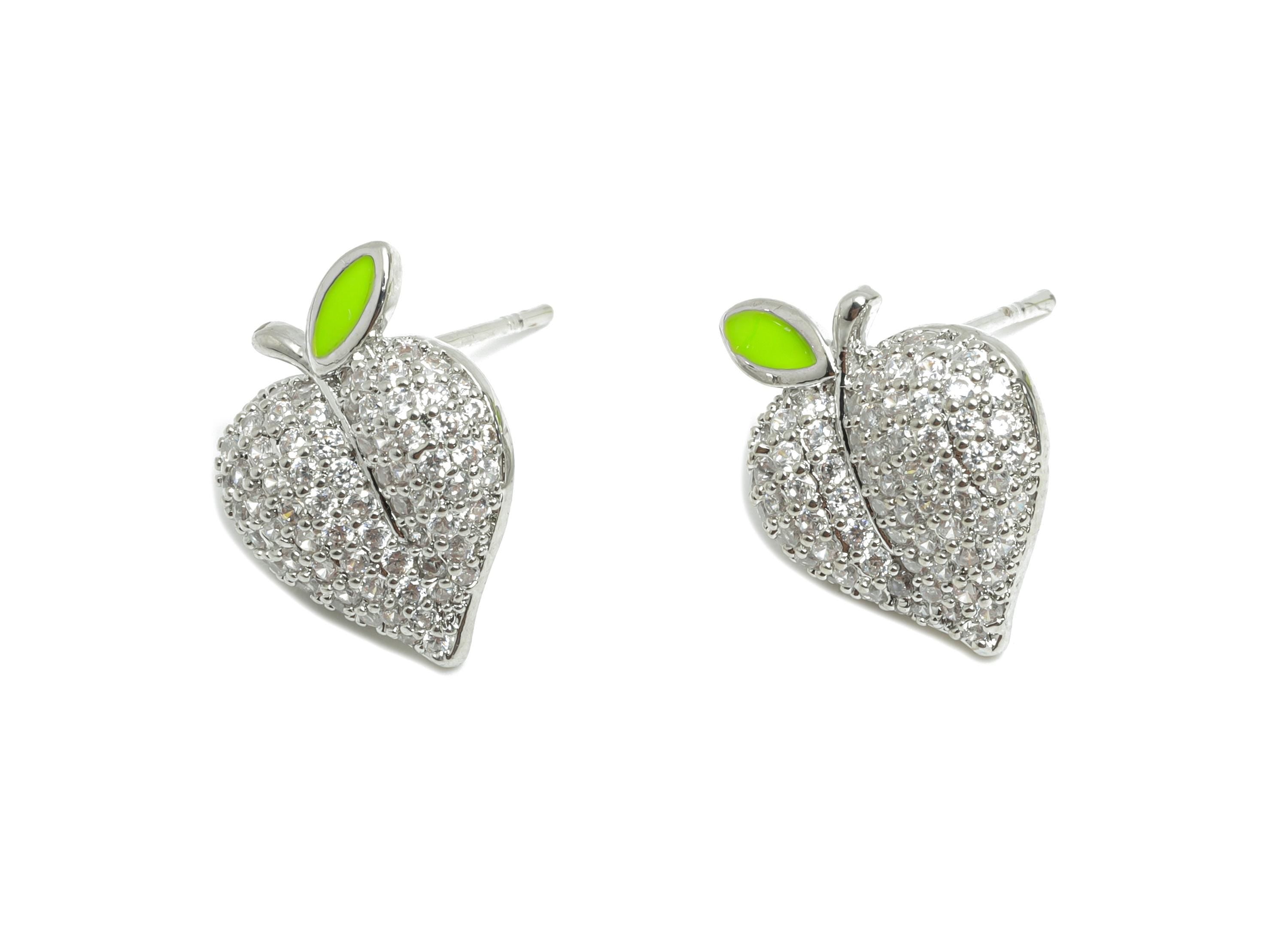 Sparkling Enamel Earring Stud - Brass CZ Dainty Peach Post Earring - 18K Real White Gold Plated - Glamorous Jewelry - 13x11x3mm - RGP10384 - DOMEDBAZAAR
