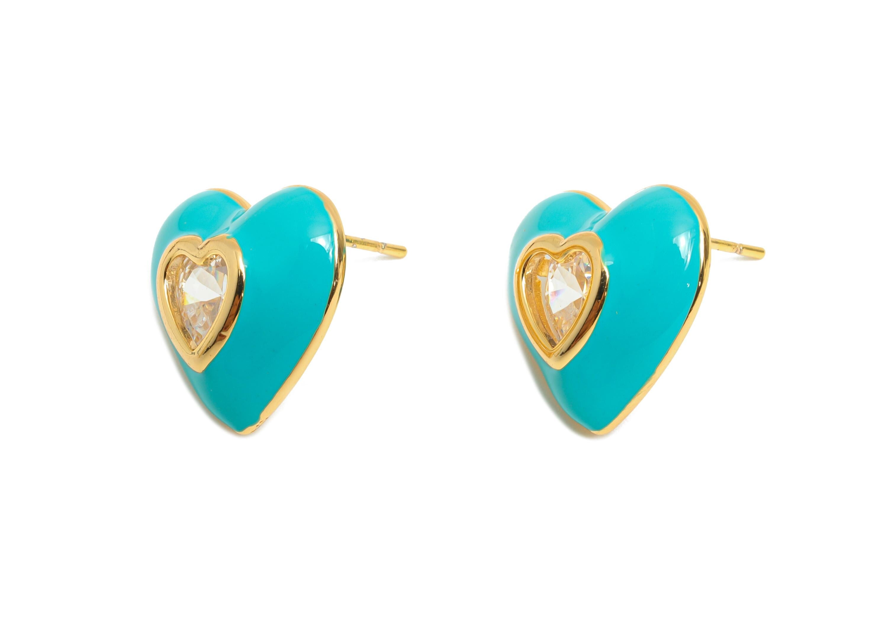 Brass Enamel Heart Earring - Brass Bold Enamel Chic Colorful Stud - Zircon Enamel Jewelry - 18K Real Gold Plating - 16x14x4mm - RGP10388A - DOMEDBAZAAR