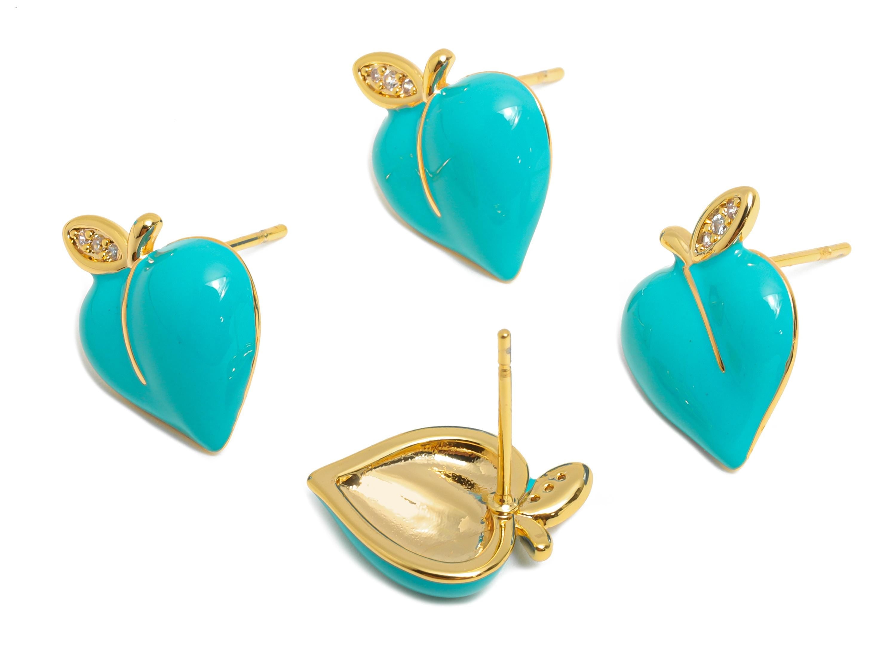 Brass Enamel Peach Earring - Brass CZ Bold Enamel Chic Colorful Stud - Vibrant Enamel Jewelry - 18K Real Gold Plating - 13x11x3mm -RGP10382A - DOMEDBAZAAR