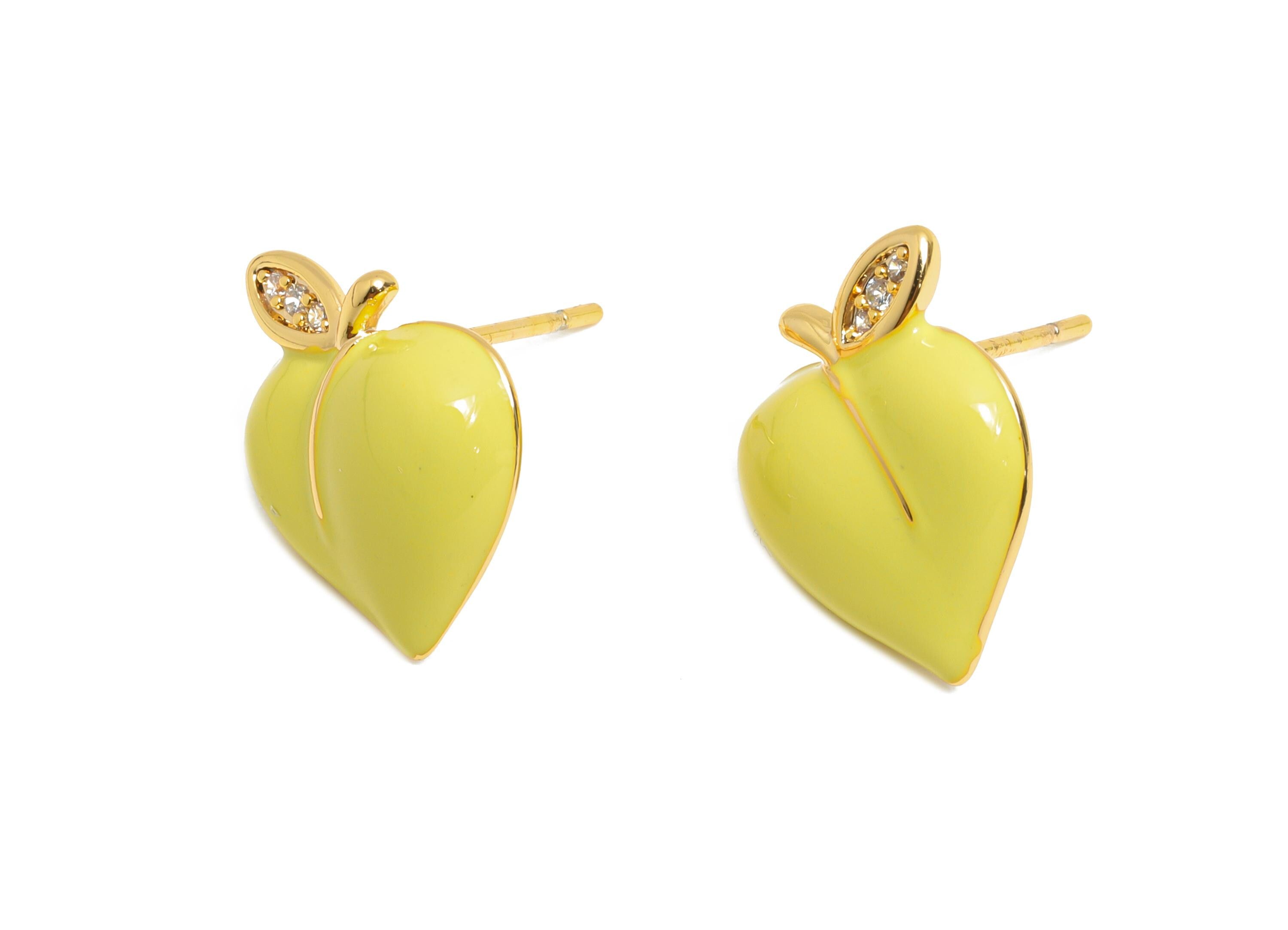 Brass Enamel Peach Earring - Brass CZ Bold Enamel Chic Yellow Stud - Vibrant Enamel Jewelry - 18K Real Gold Plating - 13x11x3mm - RGP10382D - DOMEDBAZAAR