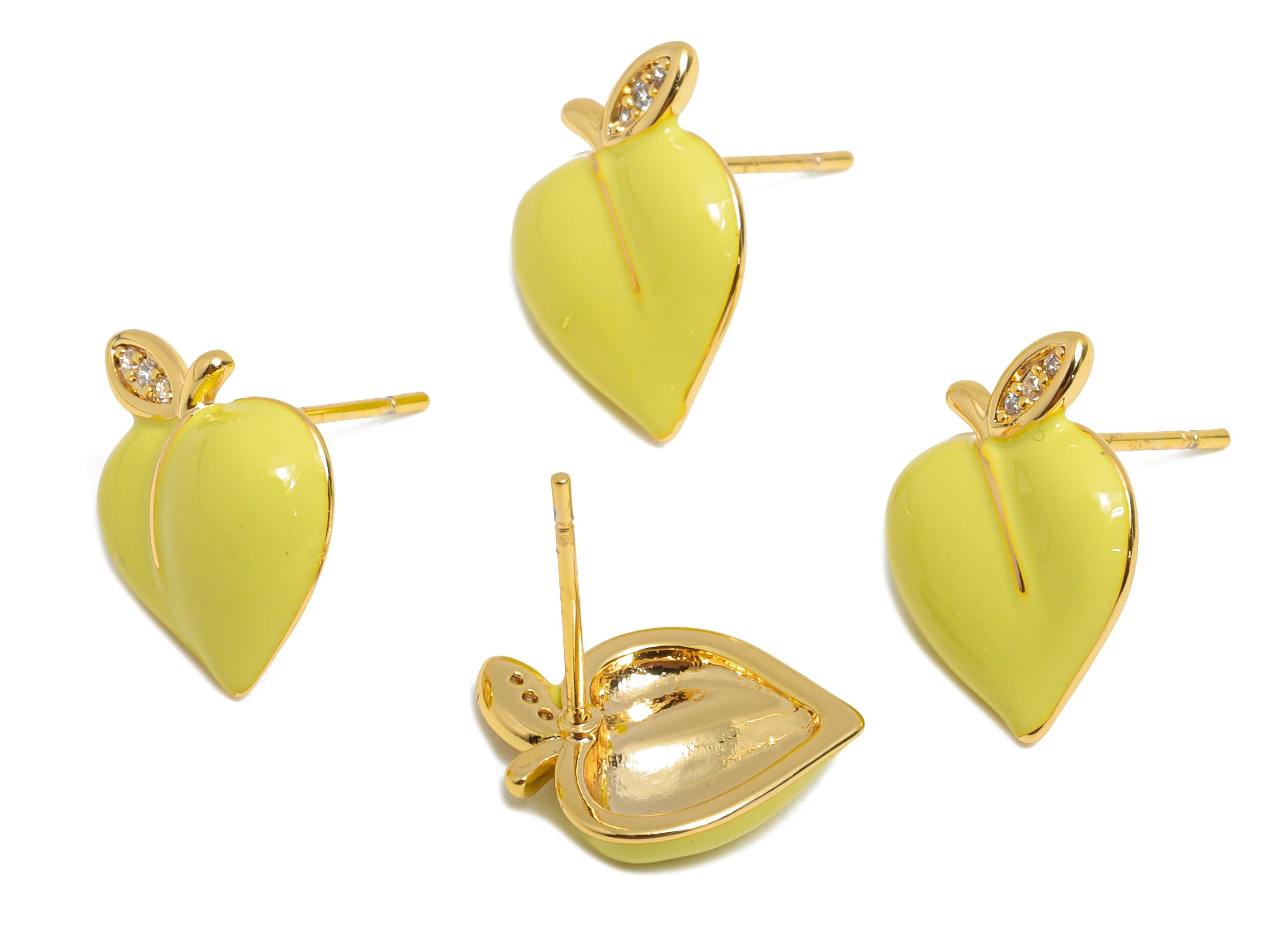 Brass Enamel Peach Earring - Brass CZ Bold Enamel Chic Yellow Stud - Vibrant Enamel Jewelry - 18K Real Gold Plating - 13x11x3mm - RGP10382D - DOMEDBAZAAR