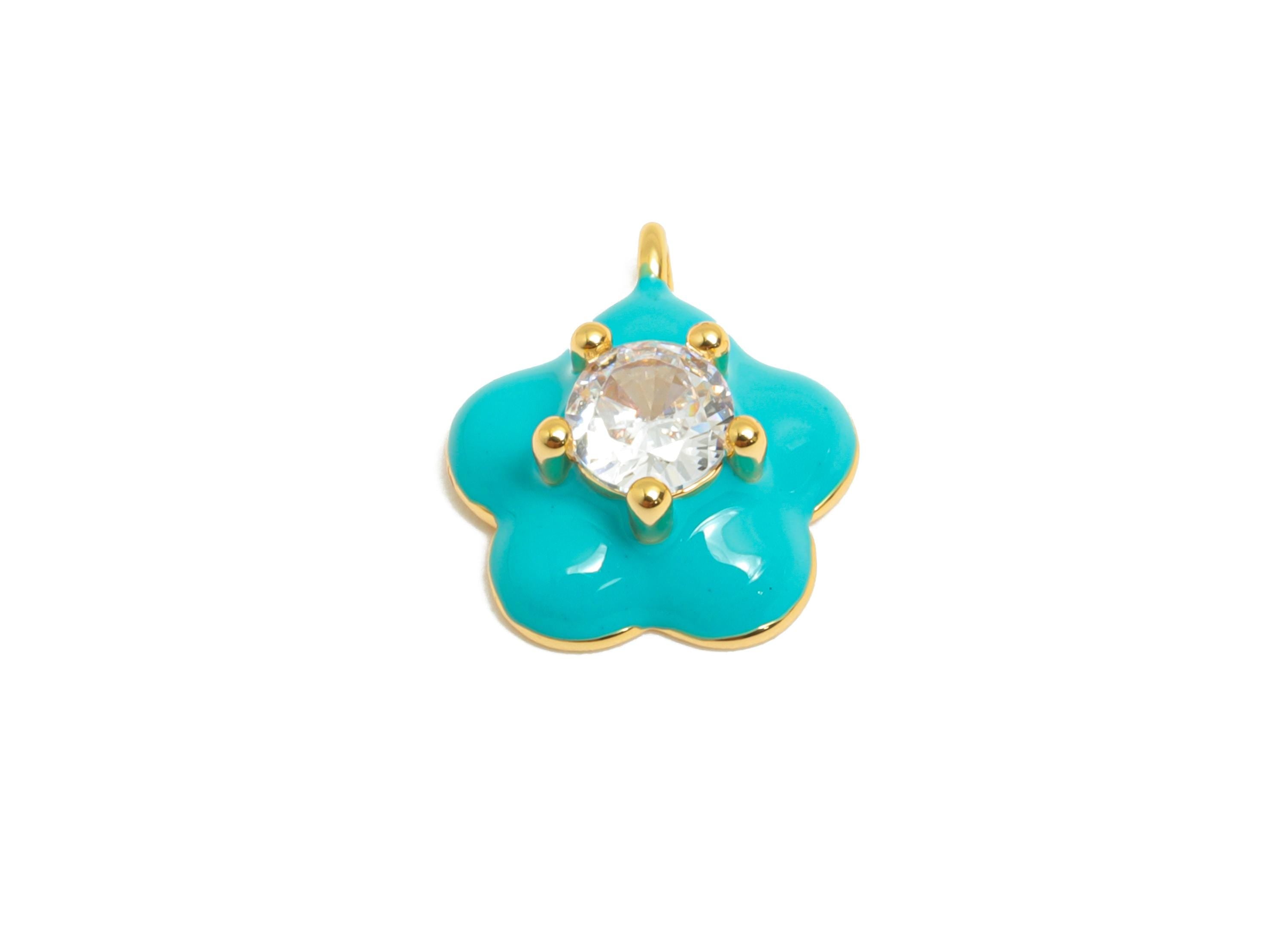Brass CZ Flower Enamel Charm - Turquoise Enamel Pendant - 18K Real Gold Plating - Gift for Her - Everyday Jewelry - 11.78x9x4mm - RGP10390A - DOMEDBAZAAR