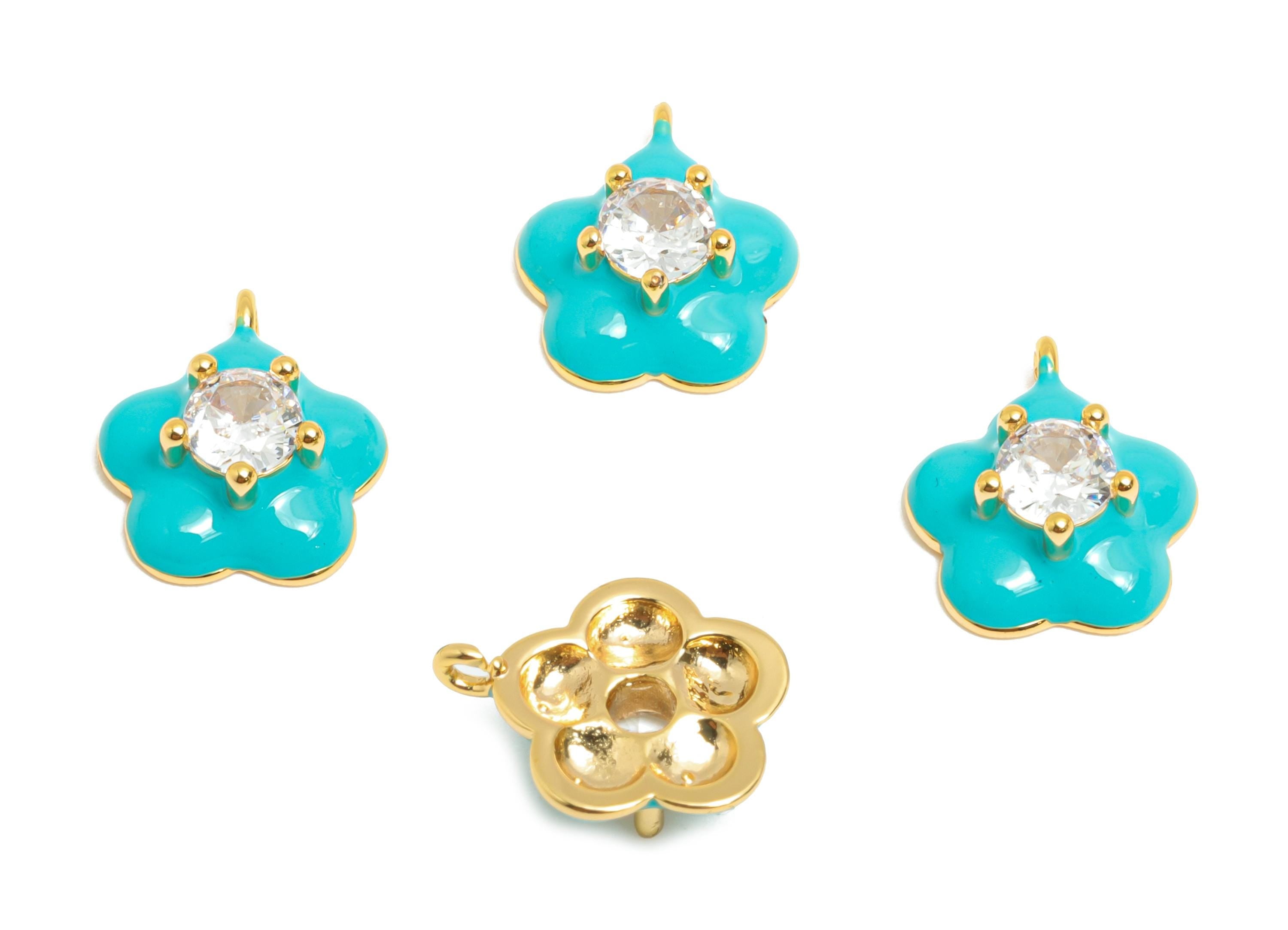 Brass CZ Flower Enamel Charm - Turquoise Enamel Pendant - 18K Real Gold Plating - Gift for Her - Everyday Jewelry - 11.78x9x4mm - RGP10390A - DOMEDBAZAAR