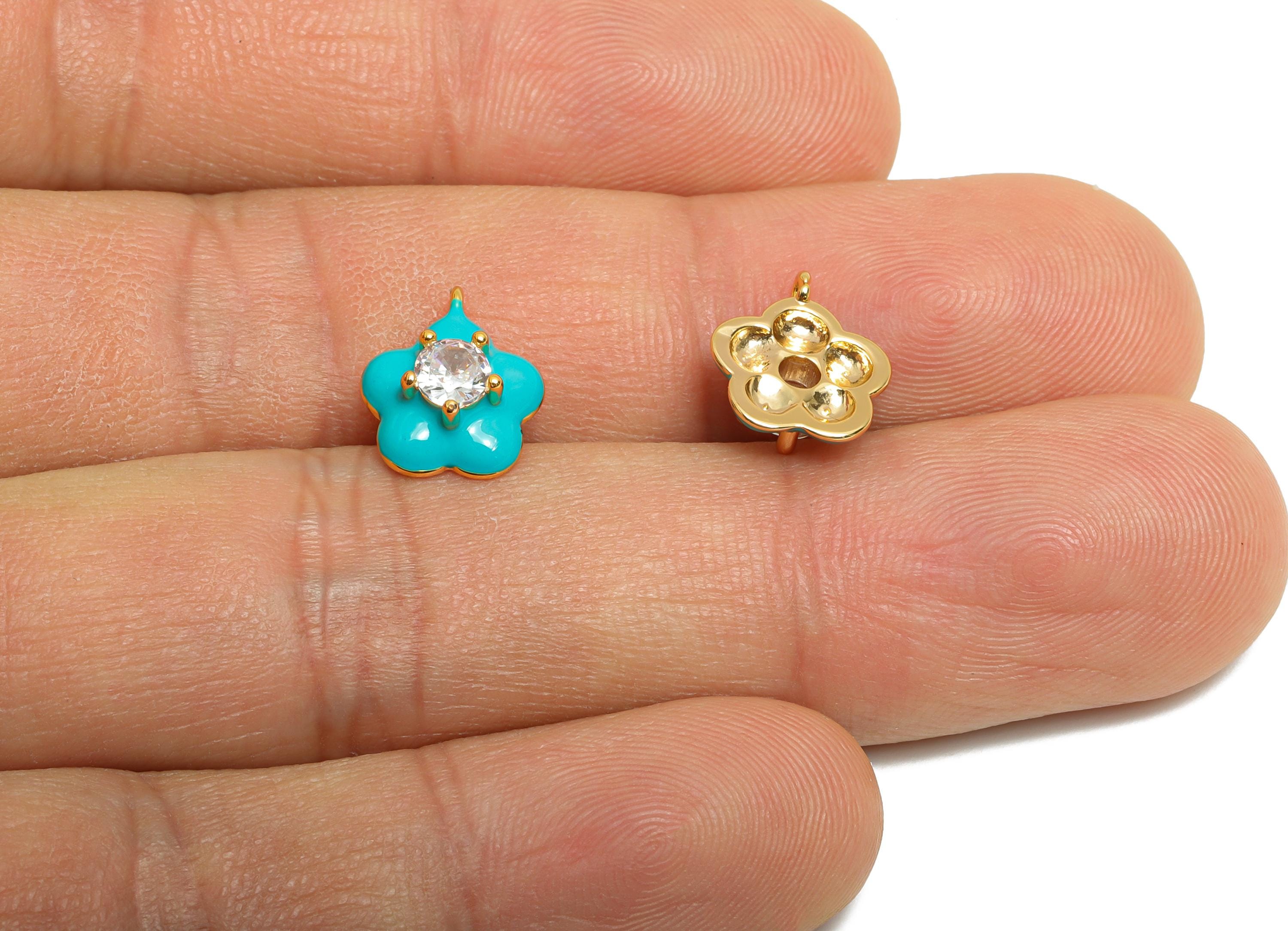 Brass CZ Flower Enamel Charm - Turquoise Enamel Pendant - 18K Real Gold Plating - Gift for Her - Everyday Jewelry - 11.78x9x4mm - RGP10390A - DOMEDBAZAAR