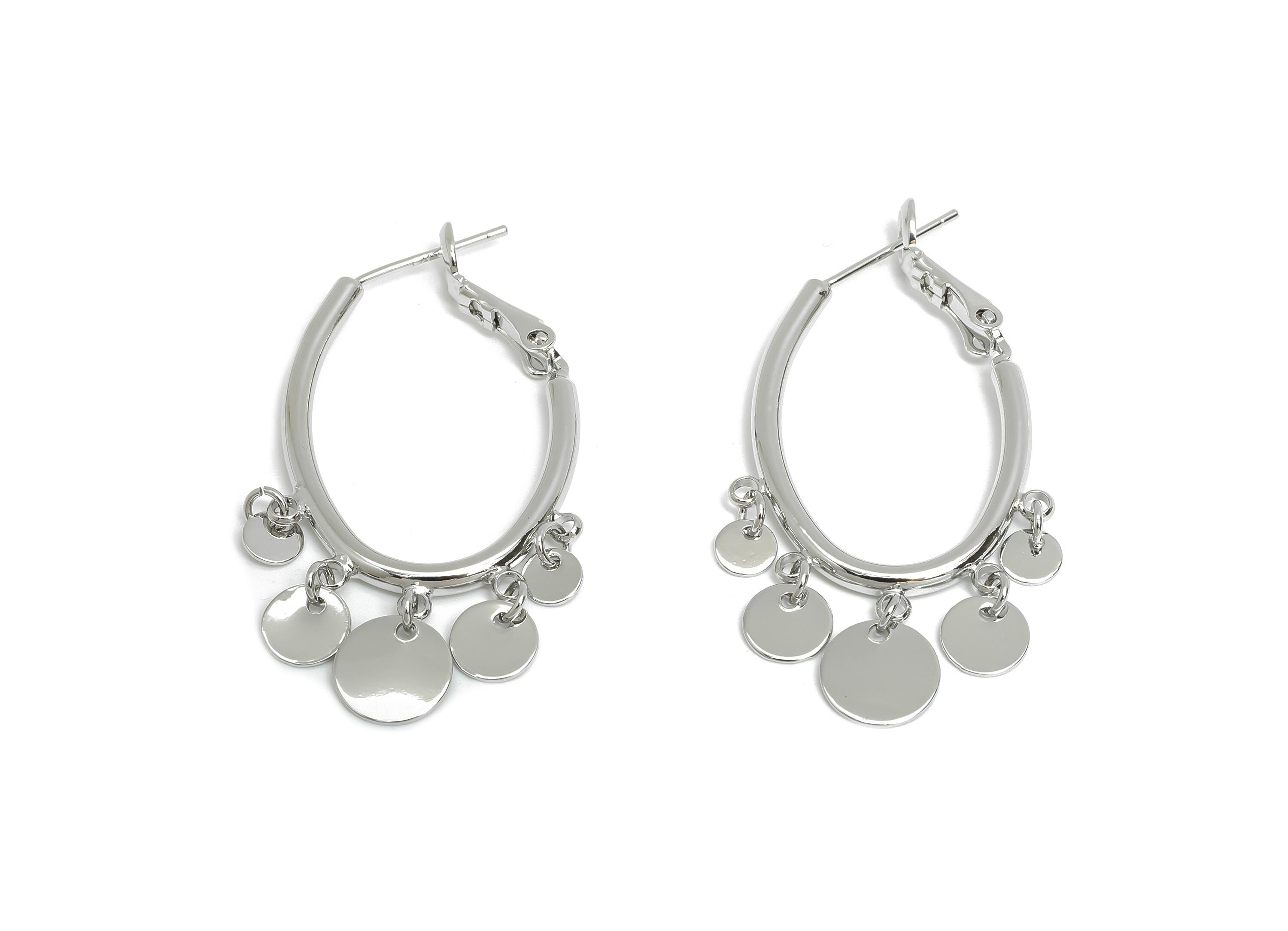 Brass Oval Hoop Dangle Earring - Silver Disc Hanging Earring - Shiny Clasp Back Earring - 18K White Gold Plated - 43x21.5x2.2mm - RGP9535S - DOMEDBAZAAR