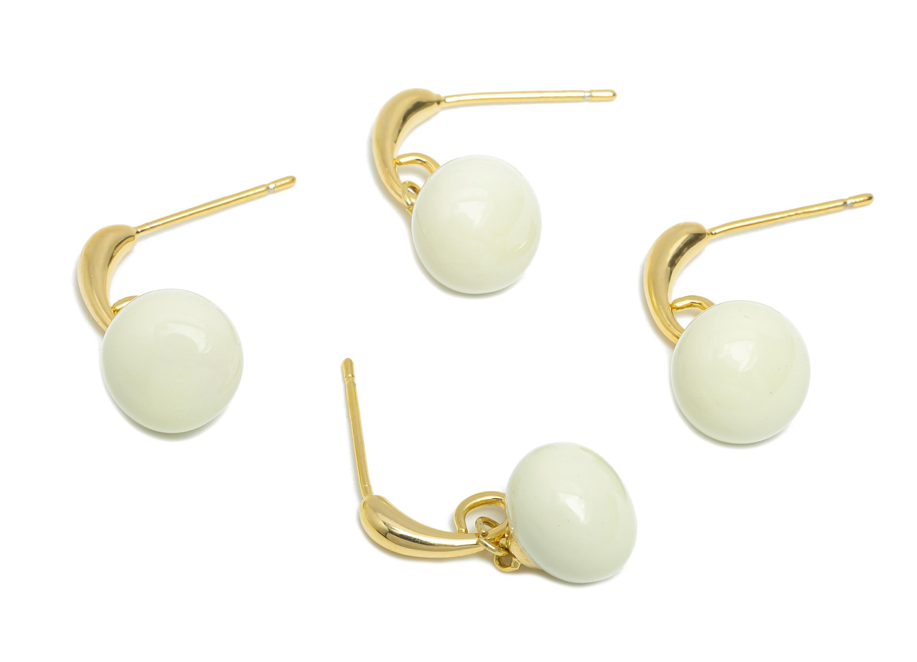 Brass Round Ball Dangle Earring - White Enamel Ball Hanging Earring Post - Gold Everday Jewelry - 18K Gold Plated - 20x9.17x0.74mm -RGP9603A - DOMEDBAZAAR
