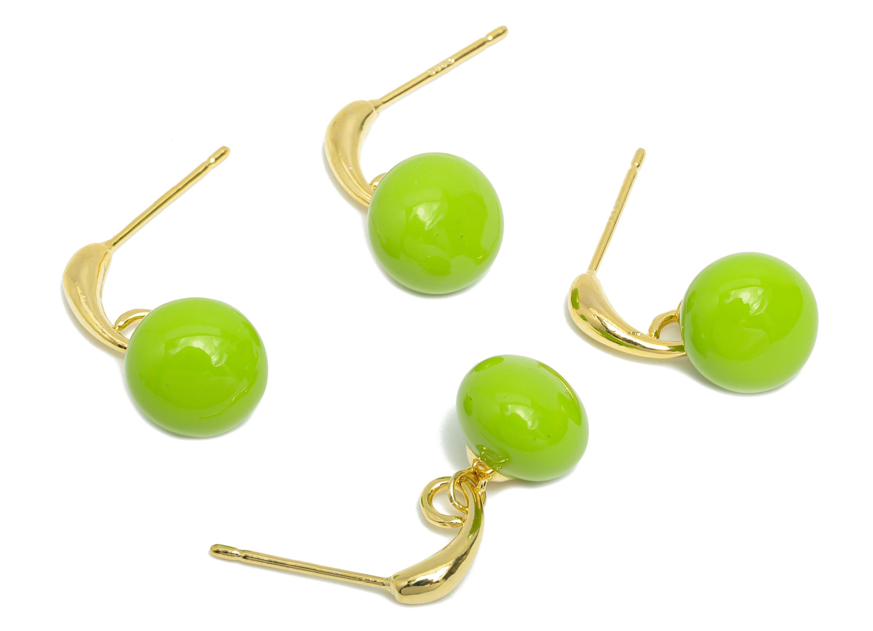 Brass Round Ball Dangle Earring - Green Enamel Ball Hanging Earring Post - Gold Everday Jewelry - 18K Gold Plated - 20x9.17x0.74mm -RGP9603D - DOMEDBAZAAR