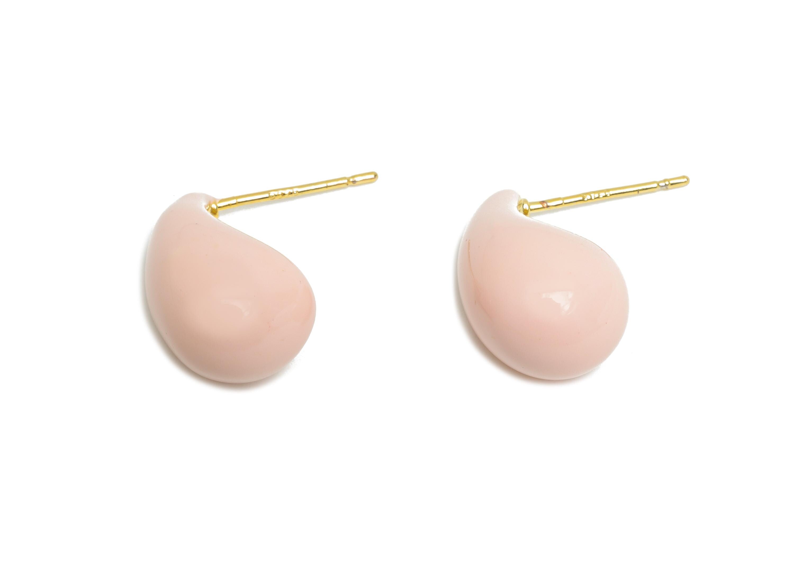 Brass Teardrop Stud Earring - Pink Curved Drop Enamel Earring Post - Gold Everday Jewelry - 18K Real Gold Plated - 16.95x9.43x0.7mm-RGP9602B - DOMEDBAZAAR
