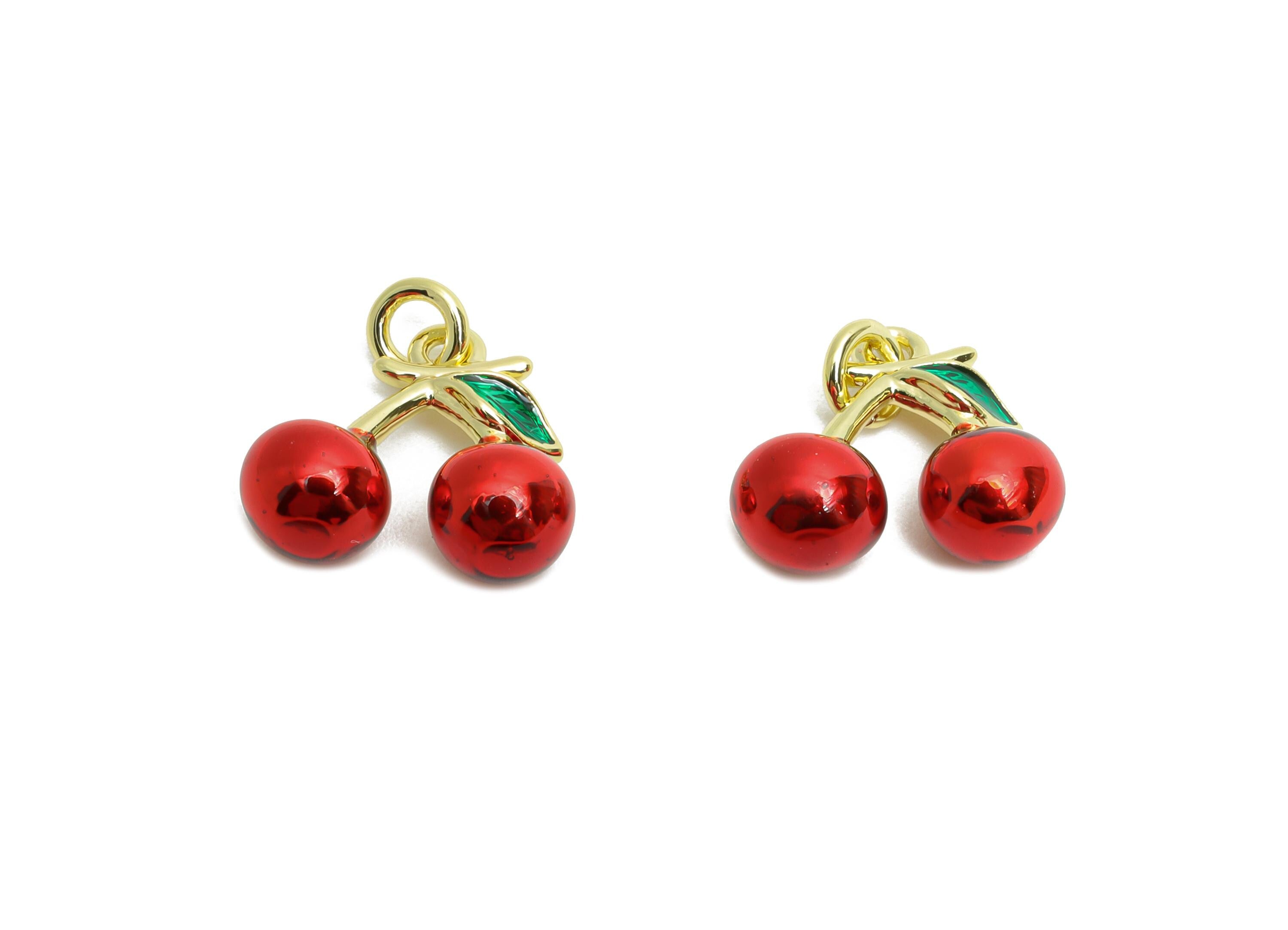 Brass Cherry Charm - Brass Colorful Dainty Enamel Red Cherry Charm - Gold and Red Cherry Charm - 18K Real Gold Plated - 11x12x5mm - RGP10612 - DOMEDBAZAAR