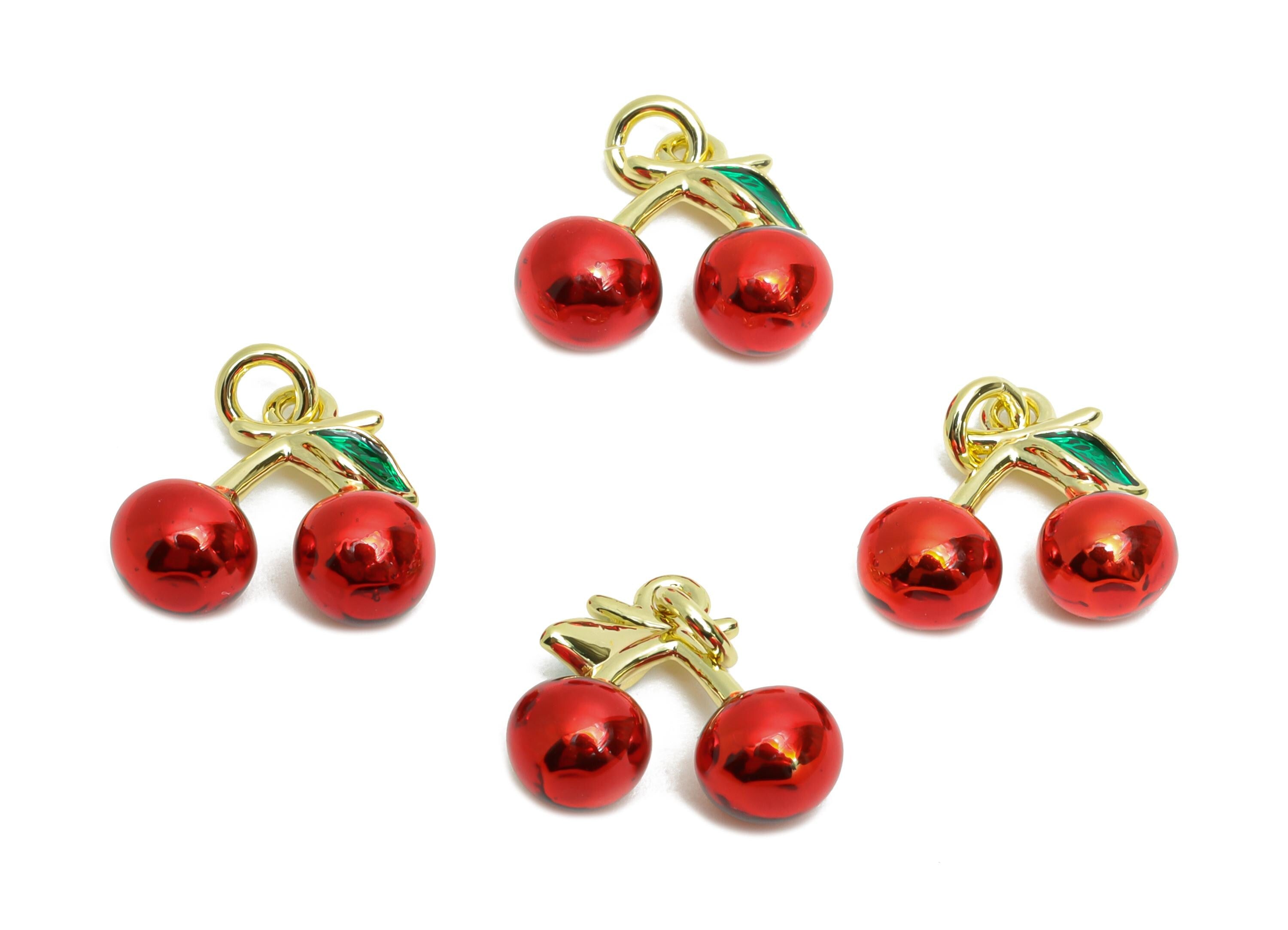 Brass Cherry Charm - Brass Colorful Dainty Enamel Red Cherry Charm - Gold and Red Cherry Charm - 18K Real Gold Plated - 11x12x5mm - RGP10612 - DOMEDBAZAAR