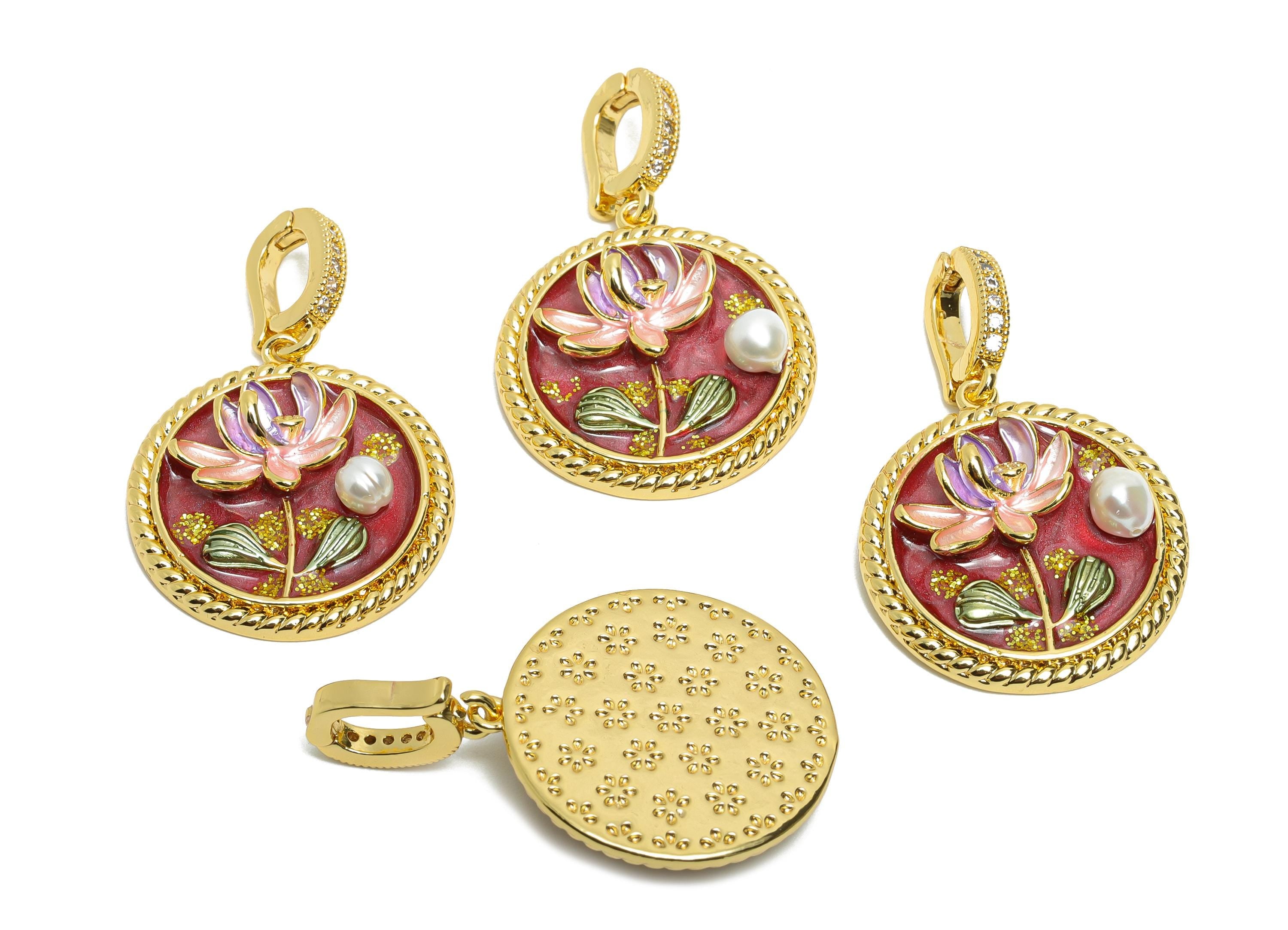 Brass Lotus Pendant - Brass Colorful Enamel Floral Pendant With Pearl - CZ Painting With Bail - 18K Real Gold Plated - 34x22x5mm - RGP10711 - DOMEDBAZAAR