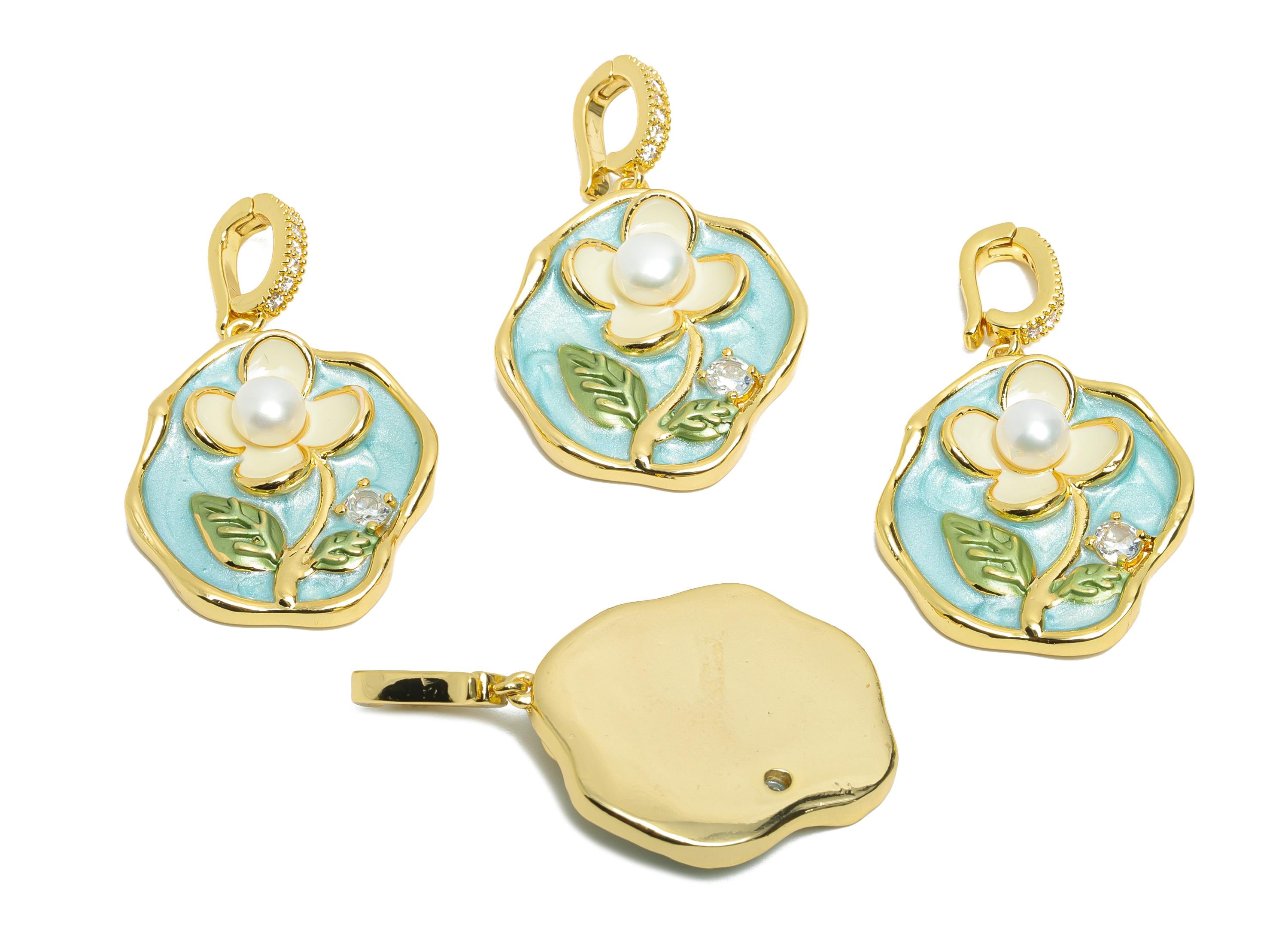 Brass Floral Pendant - Brass Colorful Enamel Pearl Floral Pendant  - Zircon Painting With Bail - 18K Real Gold Plated - 39x24x6mm-RGP10713 - DOMEDBAZAAR