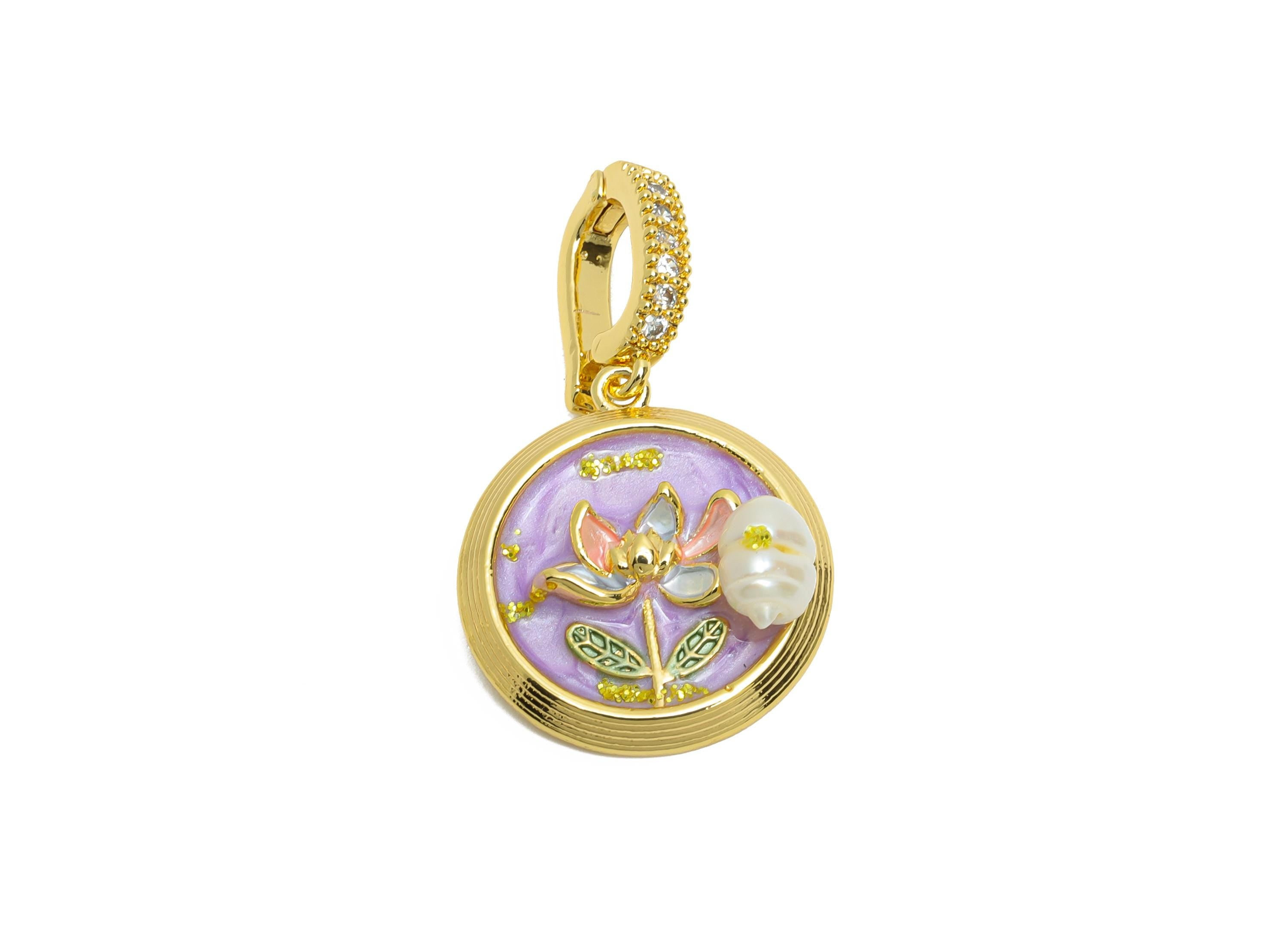 Brass Lotus Pendant - Brass Colorful Enamel Pearl Zircon Pendant - Nature Painting Pendant - 18K Real Gold Plated - 31x18x6mm -RGP10712 - DOMEDBAZAAR