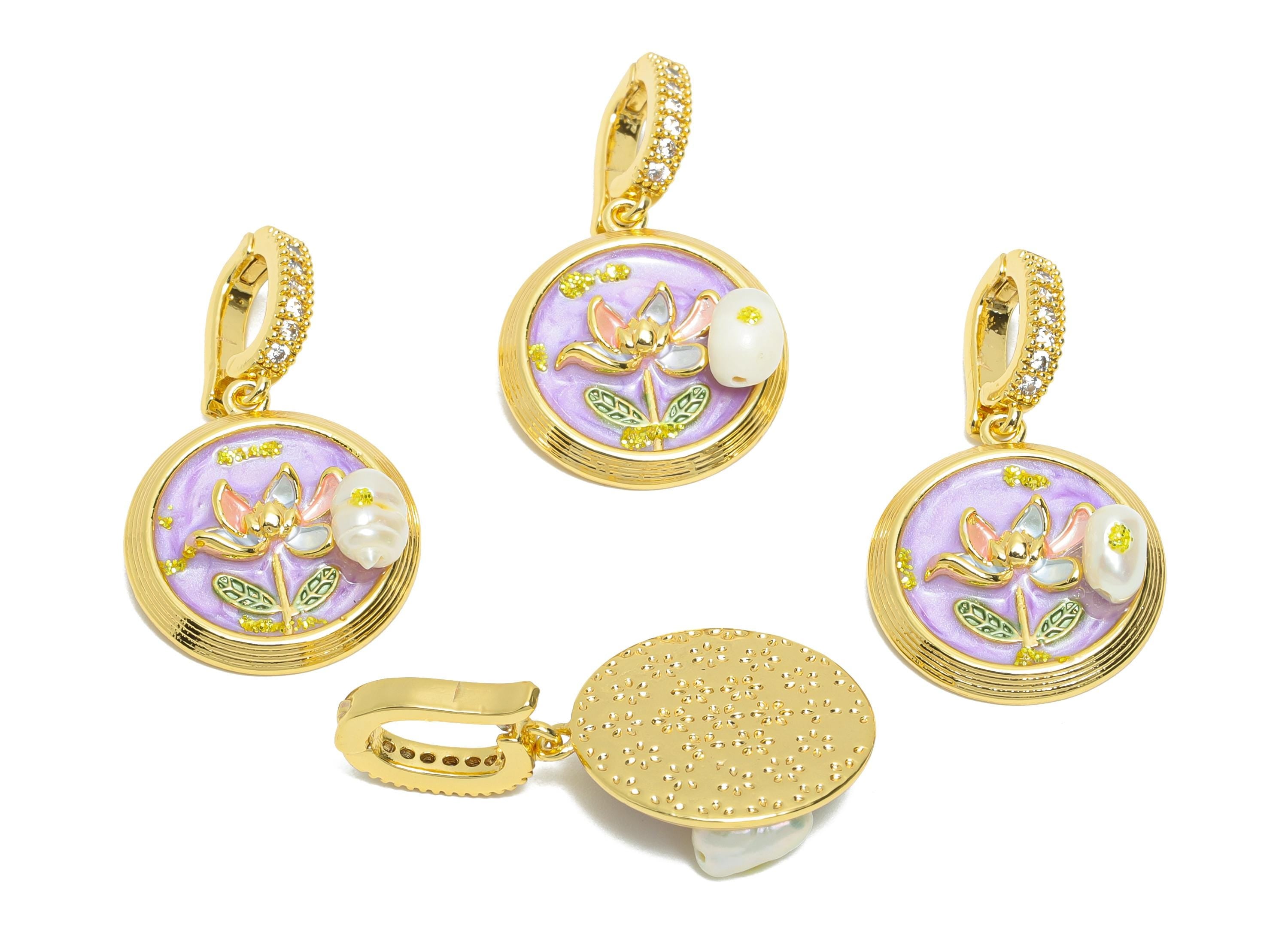Brass Lotus Pendant - Brass Colorful Enamel Pearl Zircon Pendant - Nature Painting Pendant - 18K Real Gold Plated - 31x18x6mm -RGP10712 - DOMEDBAZAAR