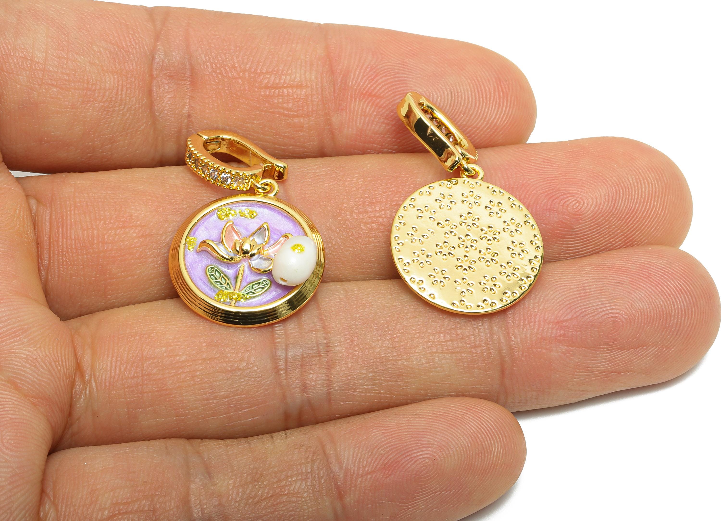 Brass Lotus Pendant - Brass Colorful Enamel Pearl Zircon Pendant - Nature Painting Pendant - 18K Real Gold Plated - 31x18x6mm -RGP10712 - DOMEDBAZAAR