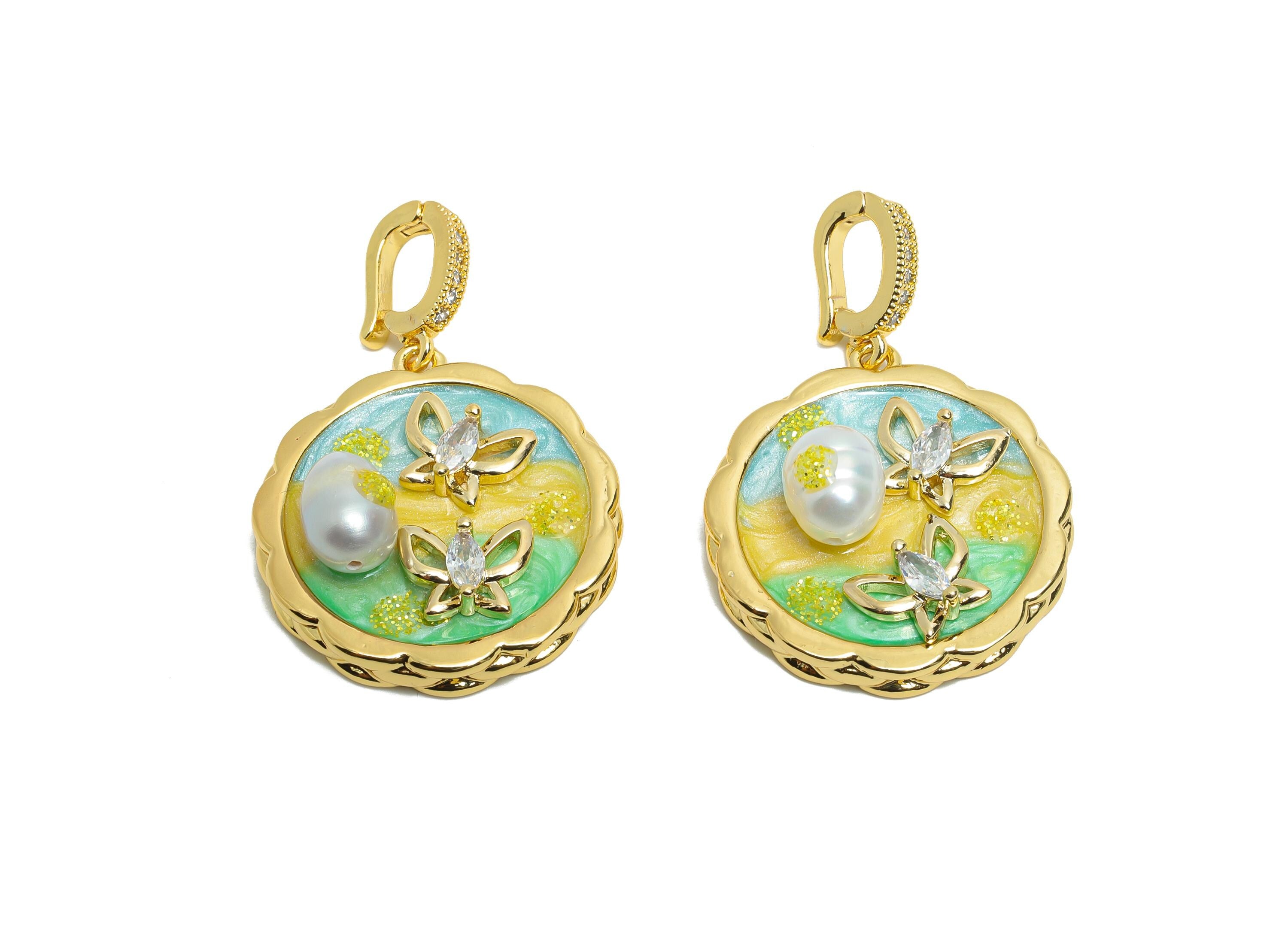 Brass Butterfly Pendant - Brass Colorful Enamel Pearl Zircon Pendant - Marquise Pendant With Bail - 18K Real Gold Plated-37x25x10mm-RGP10715 - DOMEDBAZAAR