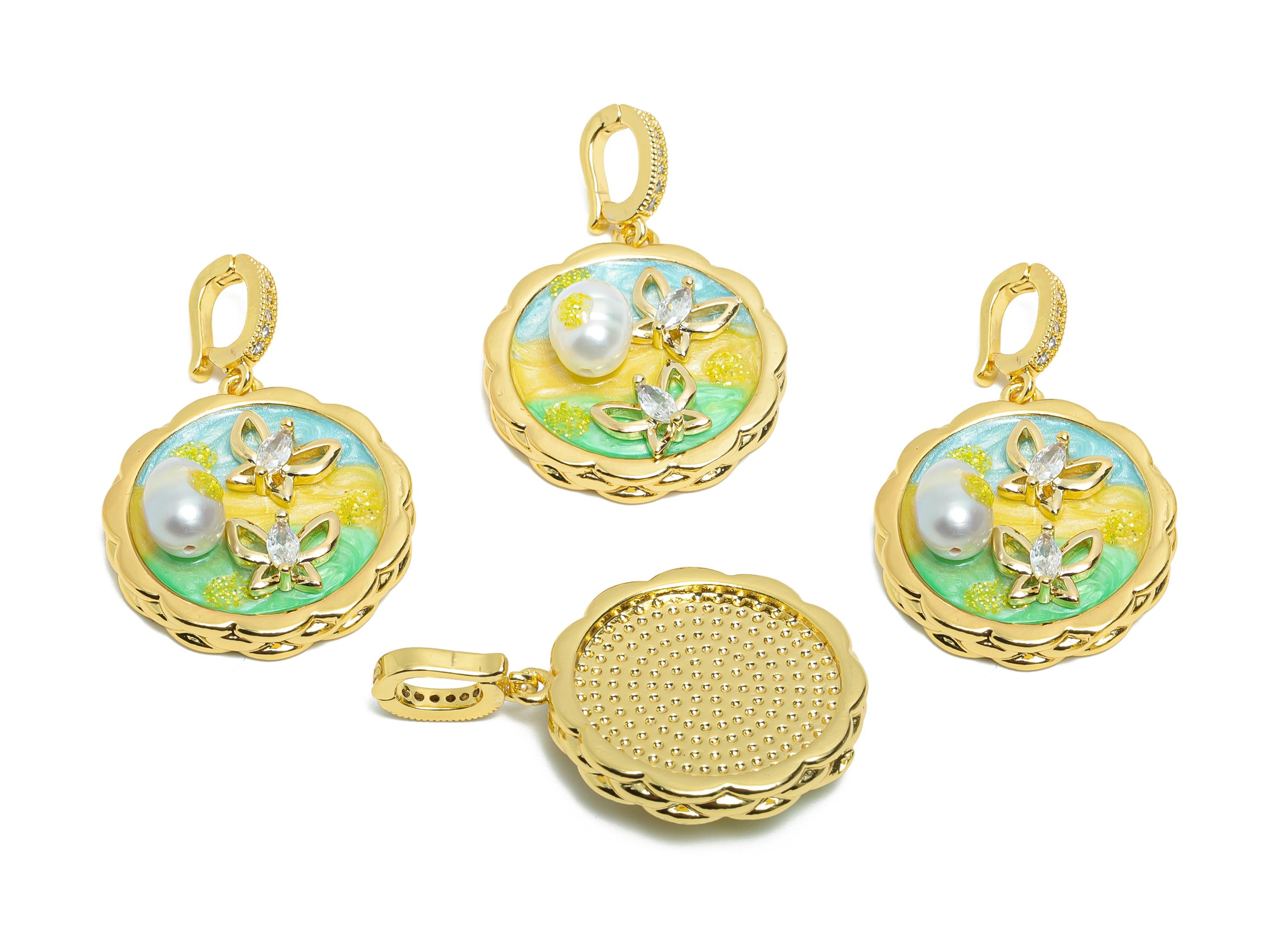 Brass Butterfly Pendant - Brass Colorful Enamel Pearl Zircon Pendant - Marquise Pendant With Bail - 18K Real Gold Plated-37x25x10mm-RGP10715 - DOMEDBAZAAR