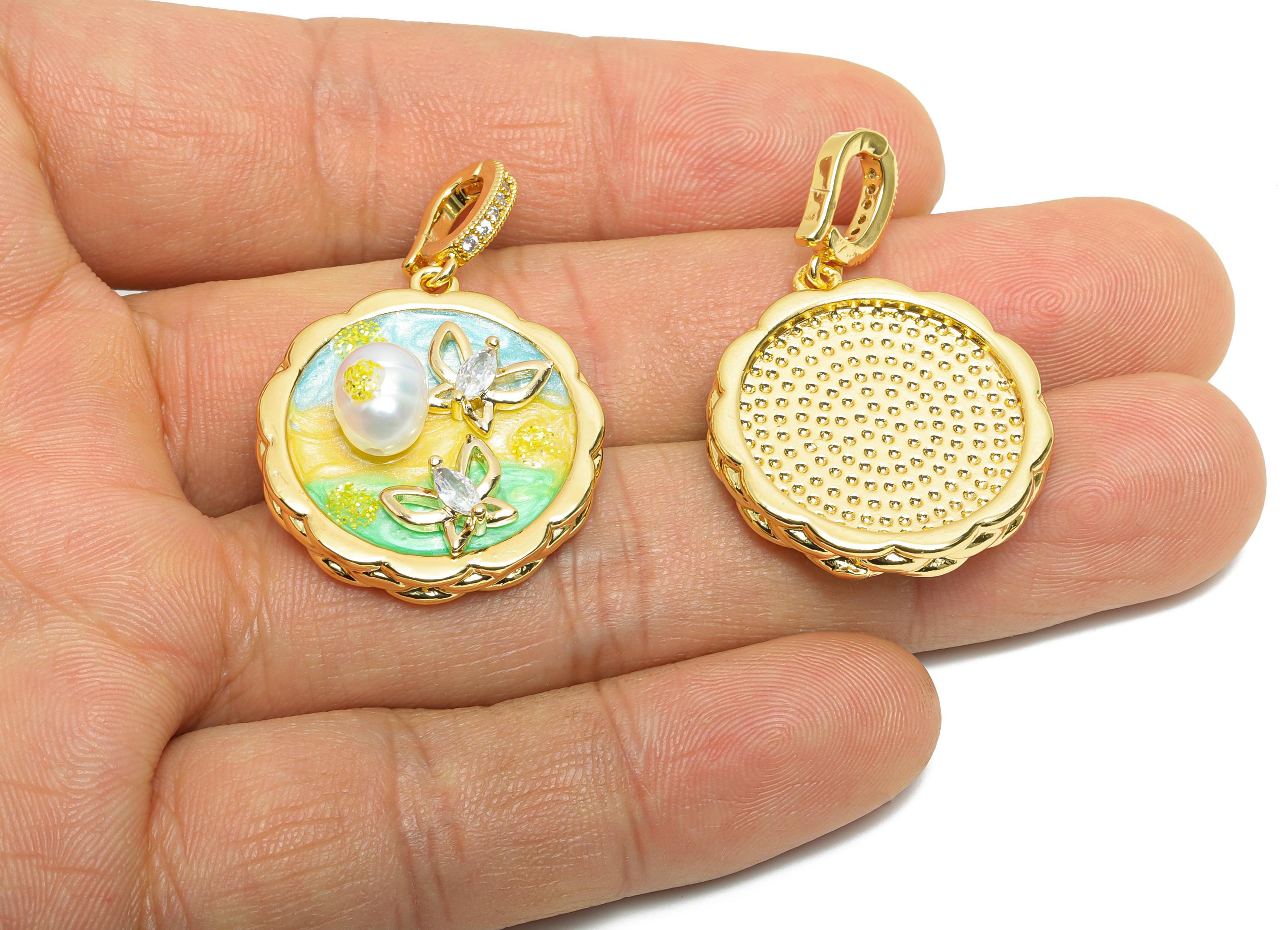 Brass Butterfly Pendant - Brass Colorful Enamel Pearl Zircon Pendant - Marquise Pendant With Bail - 18K Real Gold Plated-37x25x10mm-RGP10715 - DOMEDBAZAAR