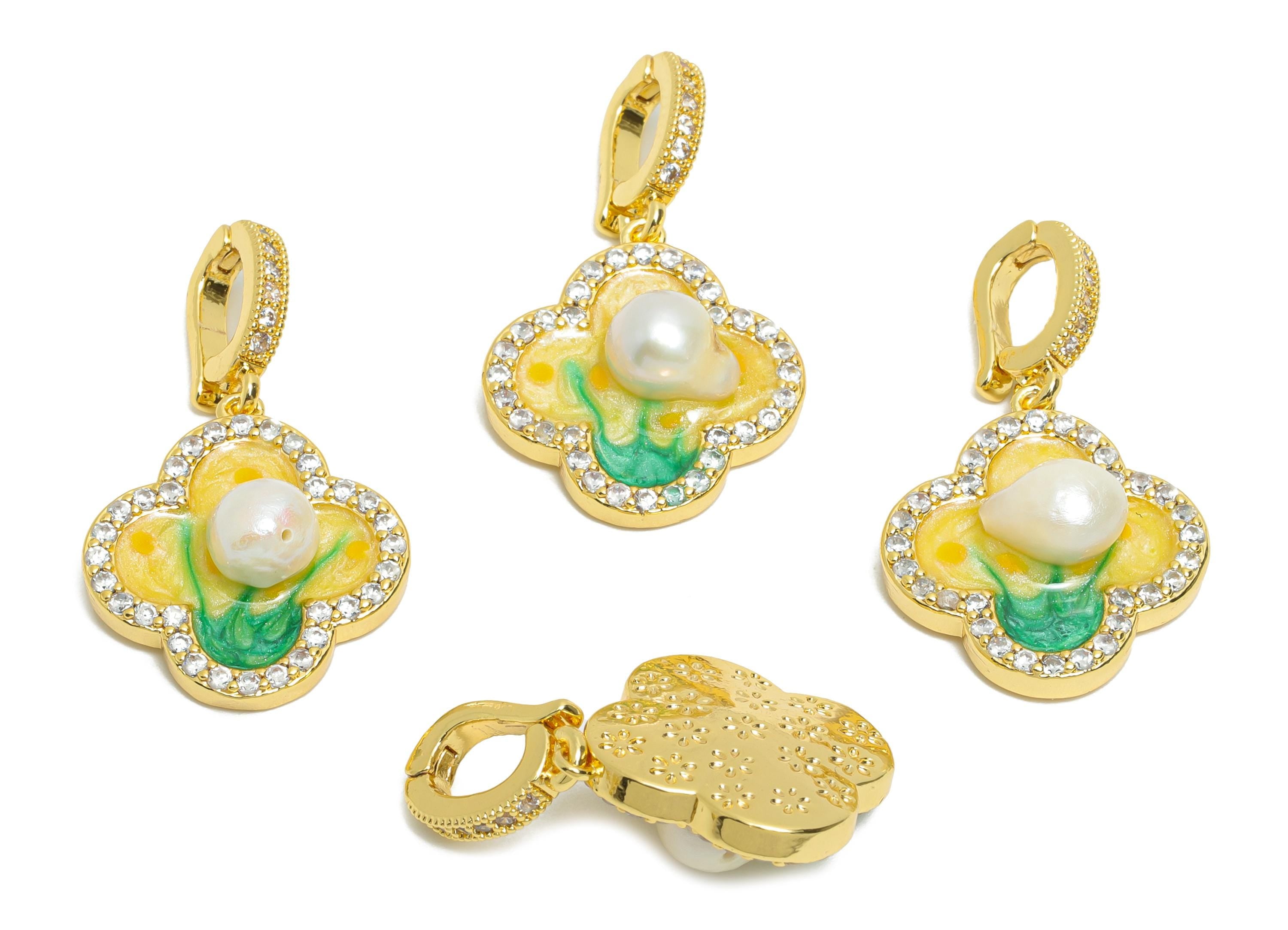 Brass Clover Pendant - Brass Colorful Enamel Pearl Zircon Pendant - Bracelet Charm With Bail - 18K Real Gold Plated - 30x17x7mm -RGP10705 - DOMEDBAZAAR
