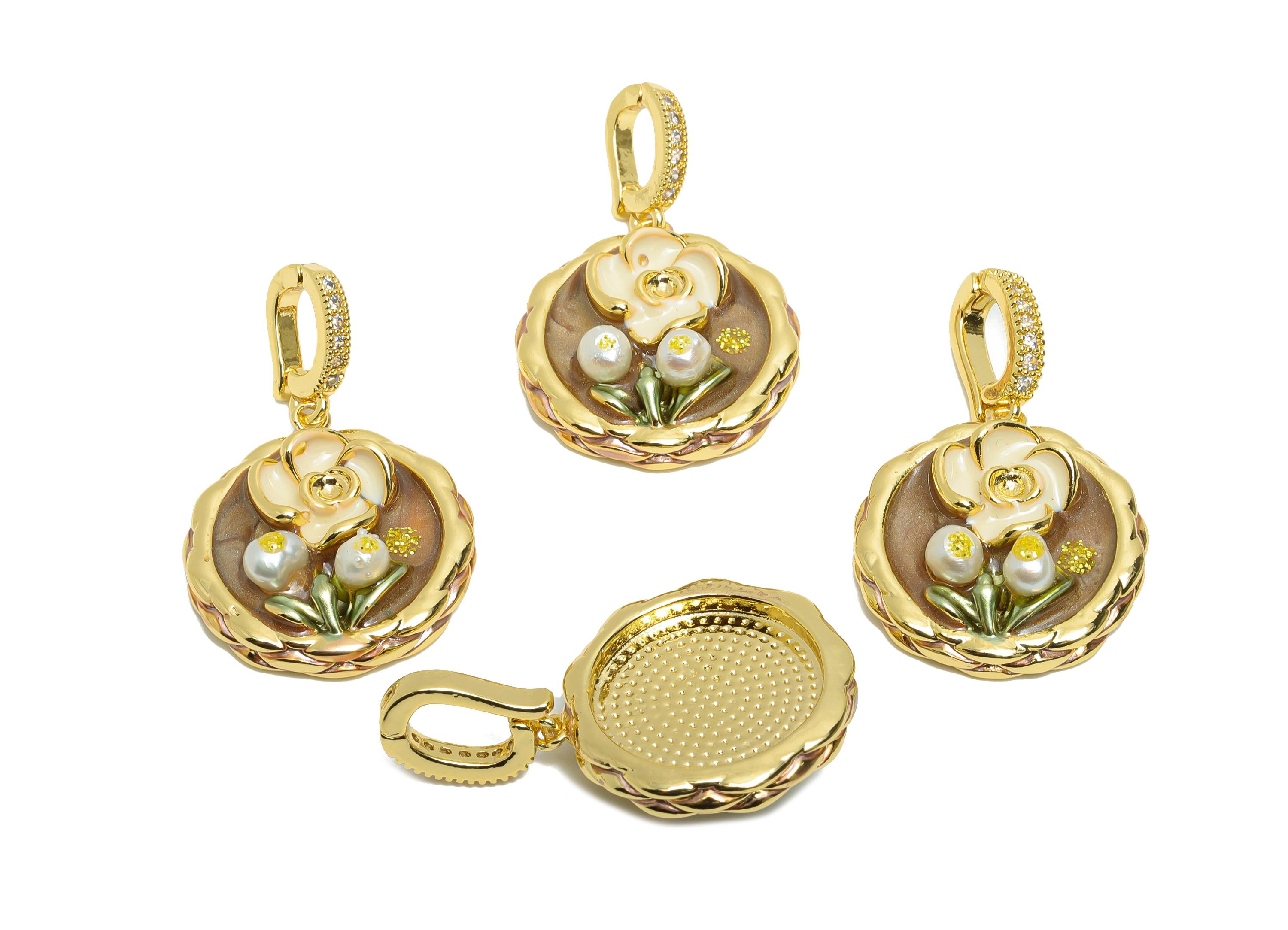 Elegant Floral Pendant - Brass Pearl Enamel Pendant - Dainty Vintage Bracelet Charm With Bail - 18K Real Gold Plated - 33x21x8mm - RGP10697 - DOMEDBAZAAR