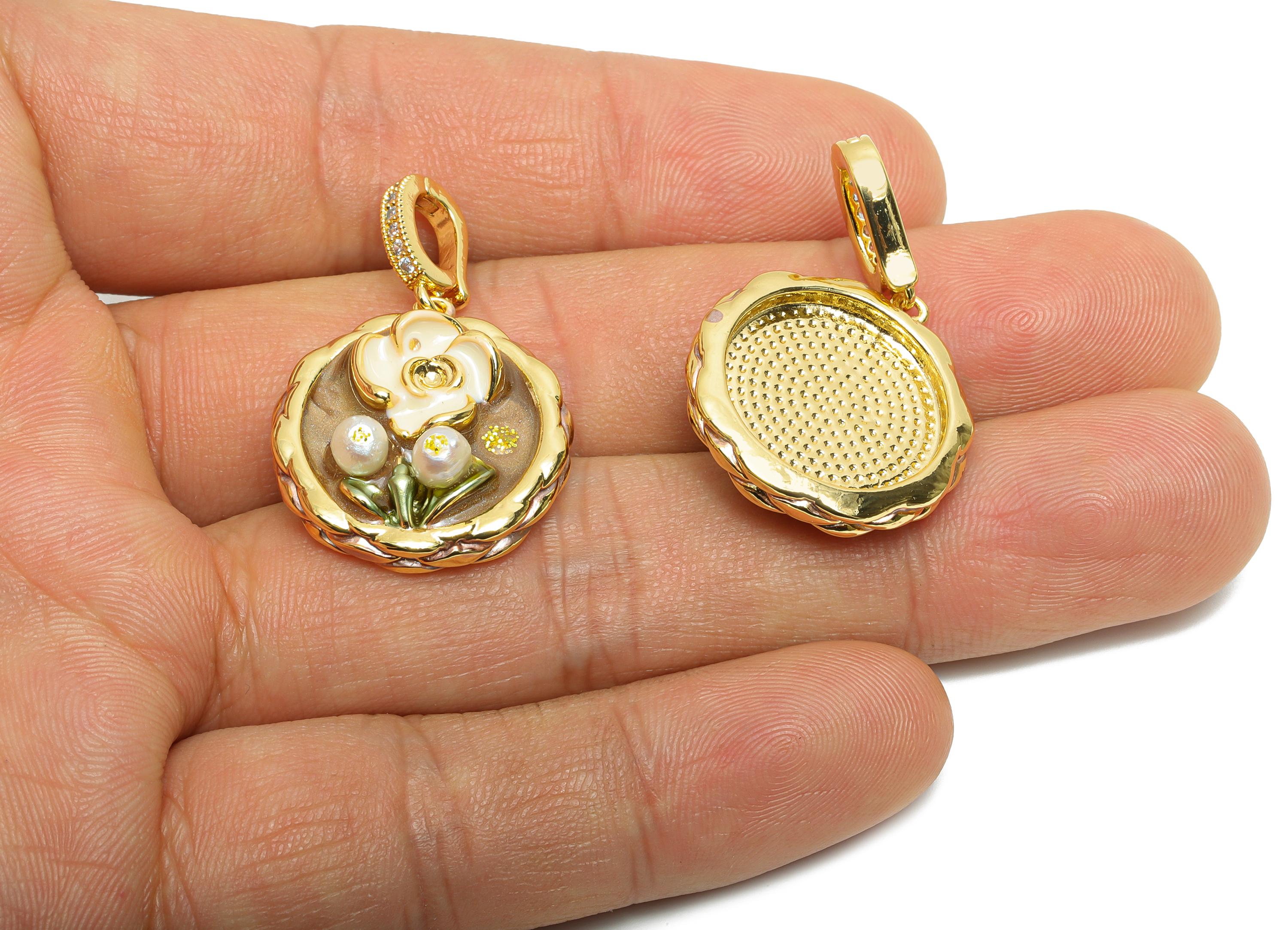 Elegant Floral Pendant - Brass Pearl Enamel Pendant - Dainty Vintage Bracelet Charm With Bail - 18K Real Gold Plated - 33x21x8mm - RGP10697 - DOMEDBAZAAR